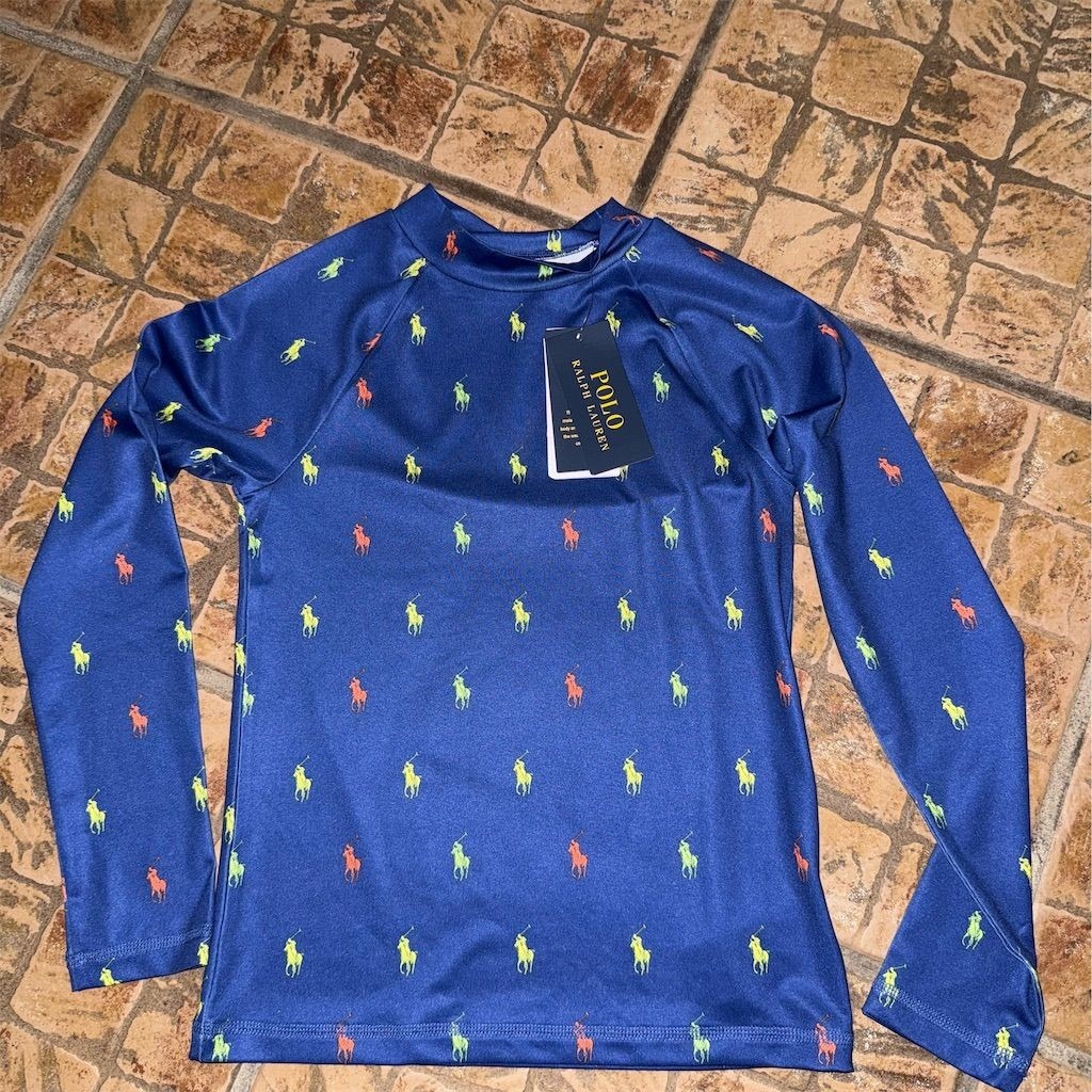 Polo Bear Ralph Lauren Boys Blue Rash swim Guard M 8 UPF 50 Long Sleeve NWT AOP