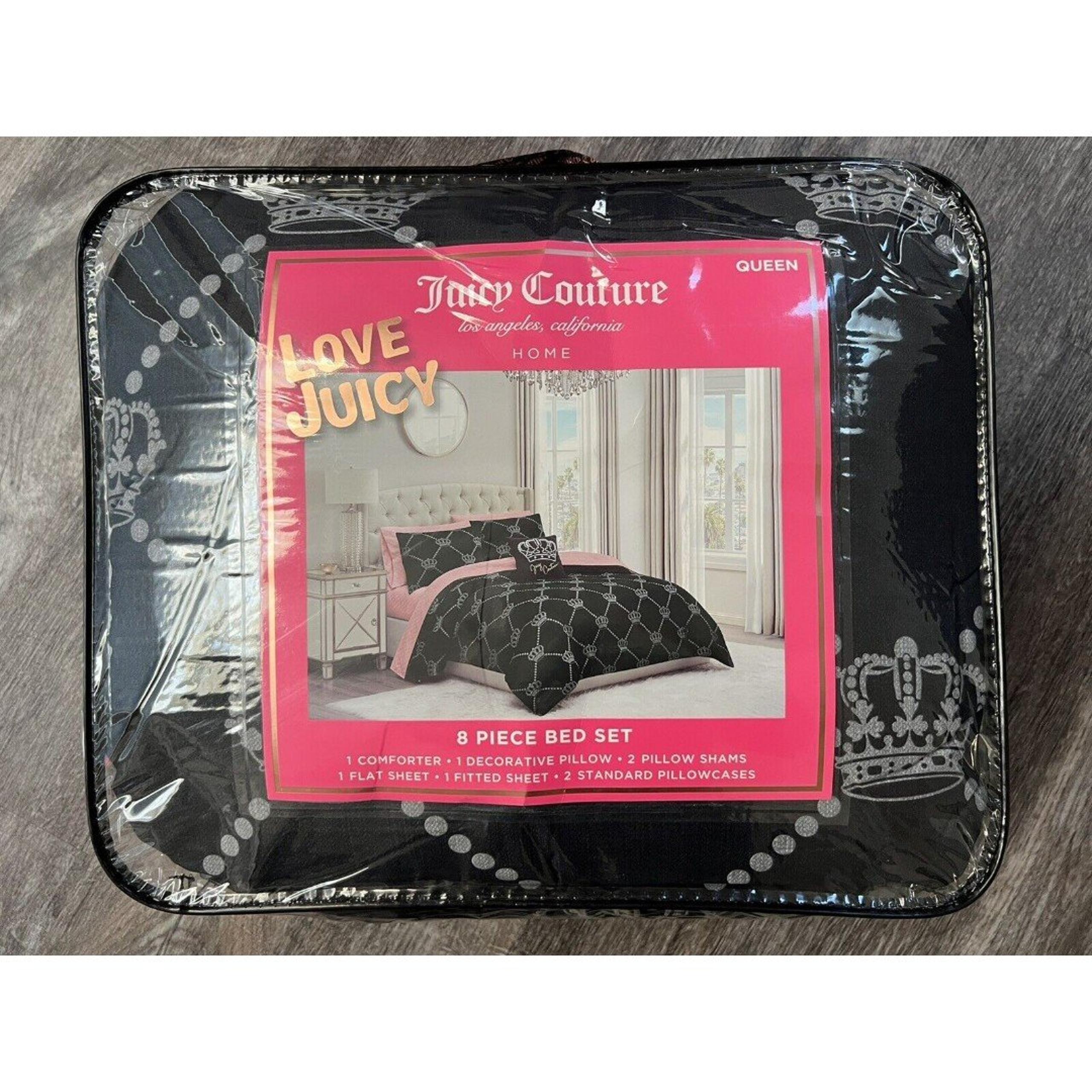 Juicy Couture Black Crown Glam 8 Pce QUEEN Bed Comforter Shams Sheet Pillow Set