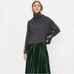 Zara Knit Faux Pearl Button Cuff Ribbed Funnel Neck Sweater Grey S