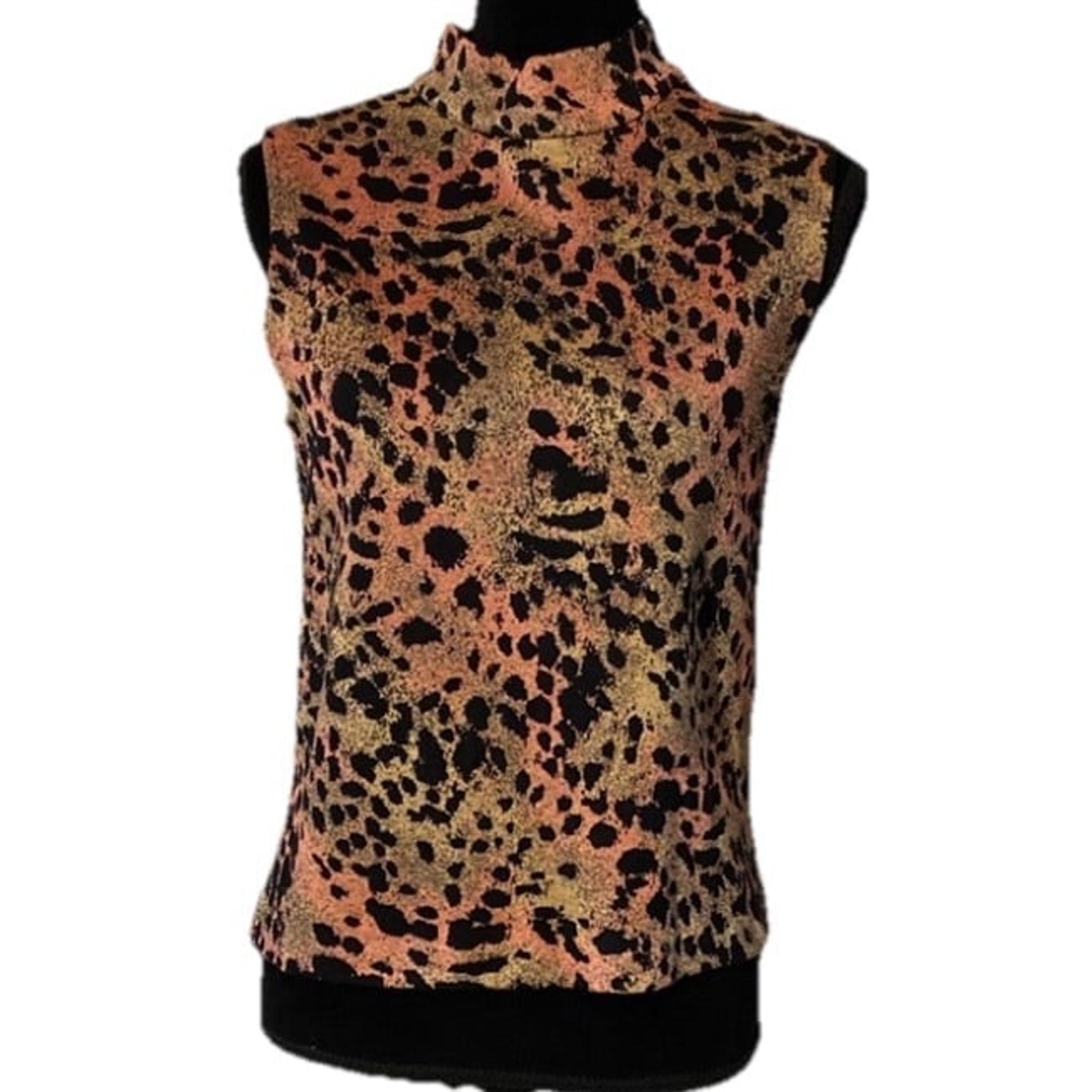 ST. JOHN Multicolor Animal Print Sleeveless Mock Neck Knit Top Leopard Sz M USA