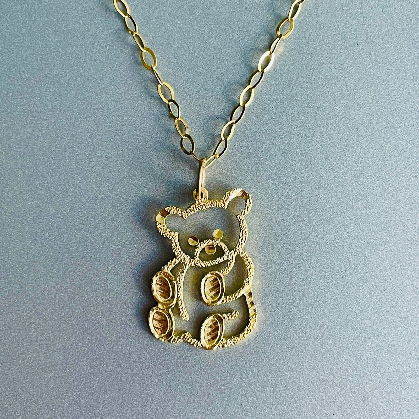 14k Gold Teddy Bear Diamond Cut Textured Charm Pendant on Chain Necklace