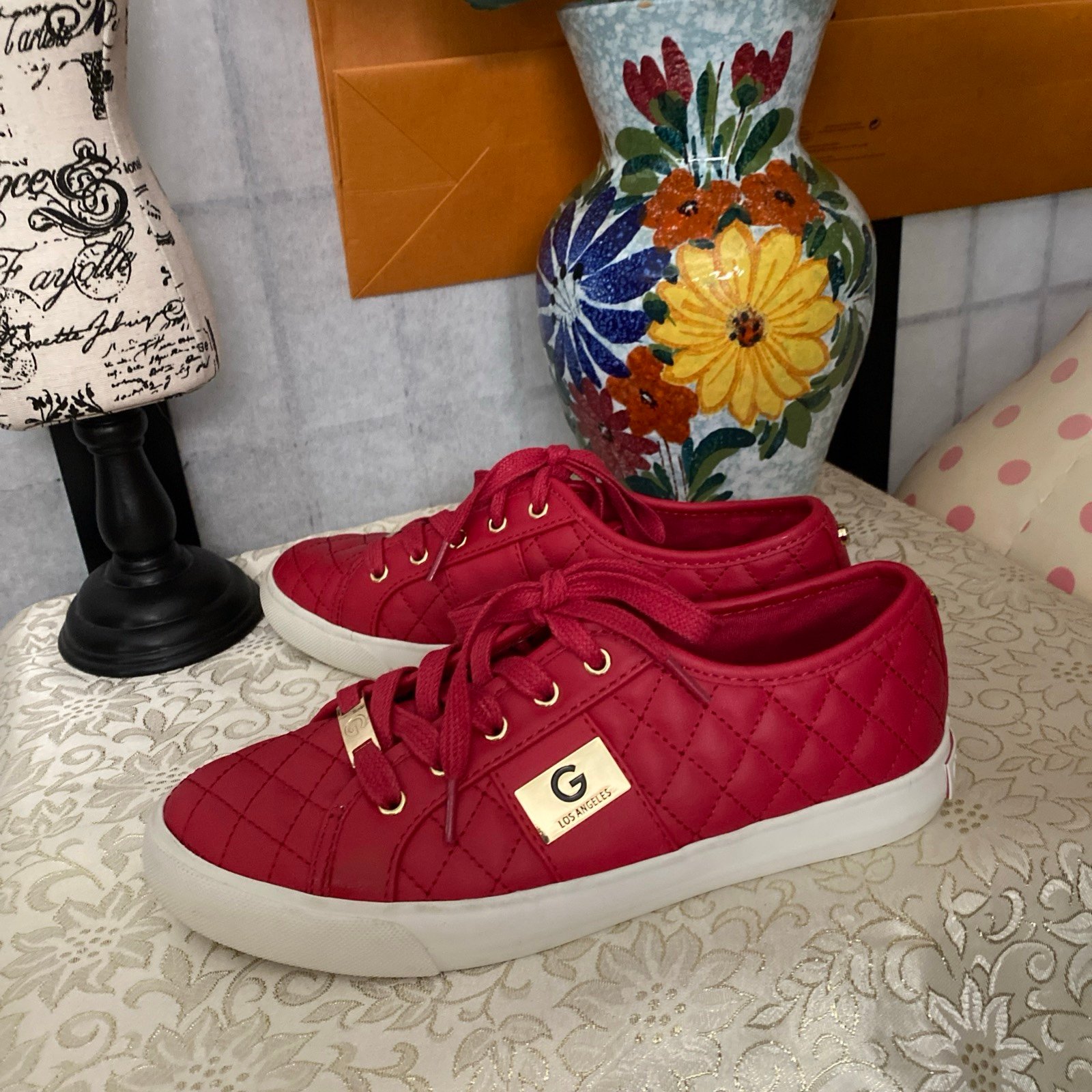G by Guess GG Backer 2 Red Quilted Sneakers Women 7.5 Gold Logoed Accents