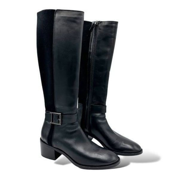 Aquatalia Womens 7.5 Black Leather Stretch Fabric Knee High Riding Boot 6.5