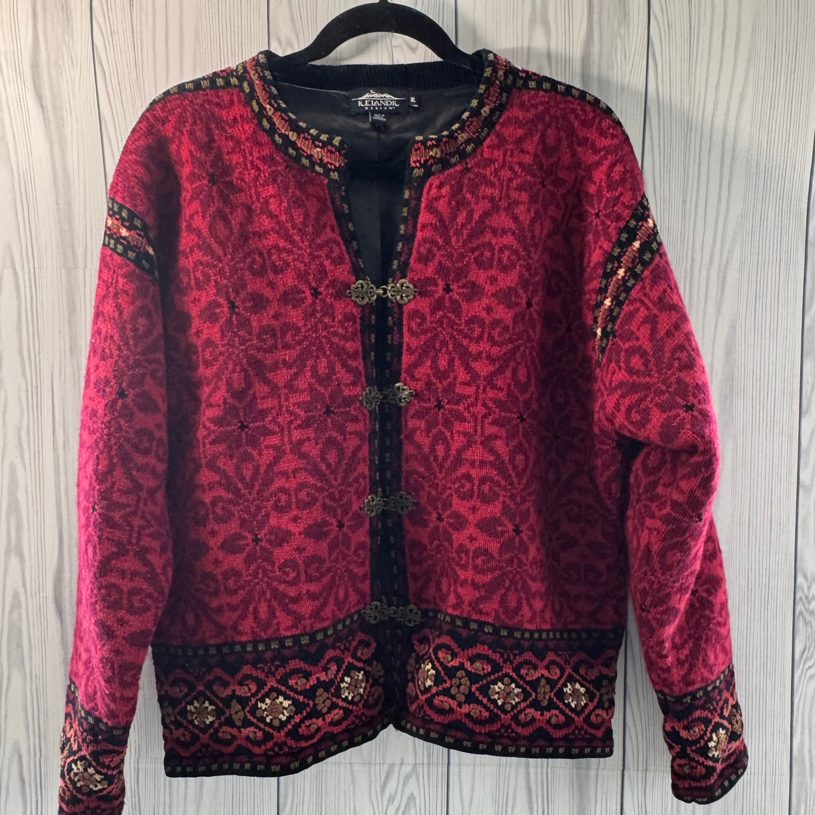 Icelandic Design Red Maroon Wool Lined Cardigan Sweater Nordic Jacket XL