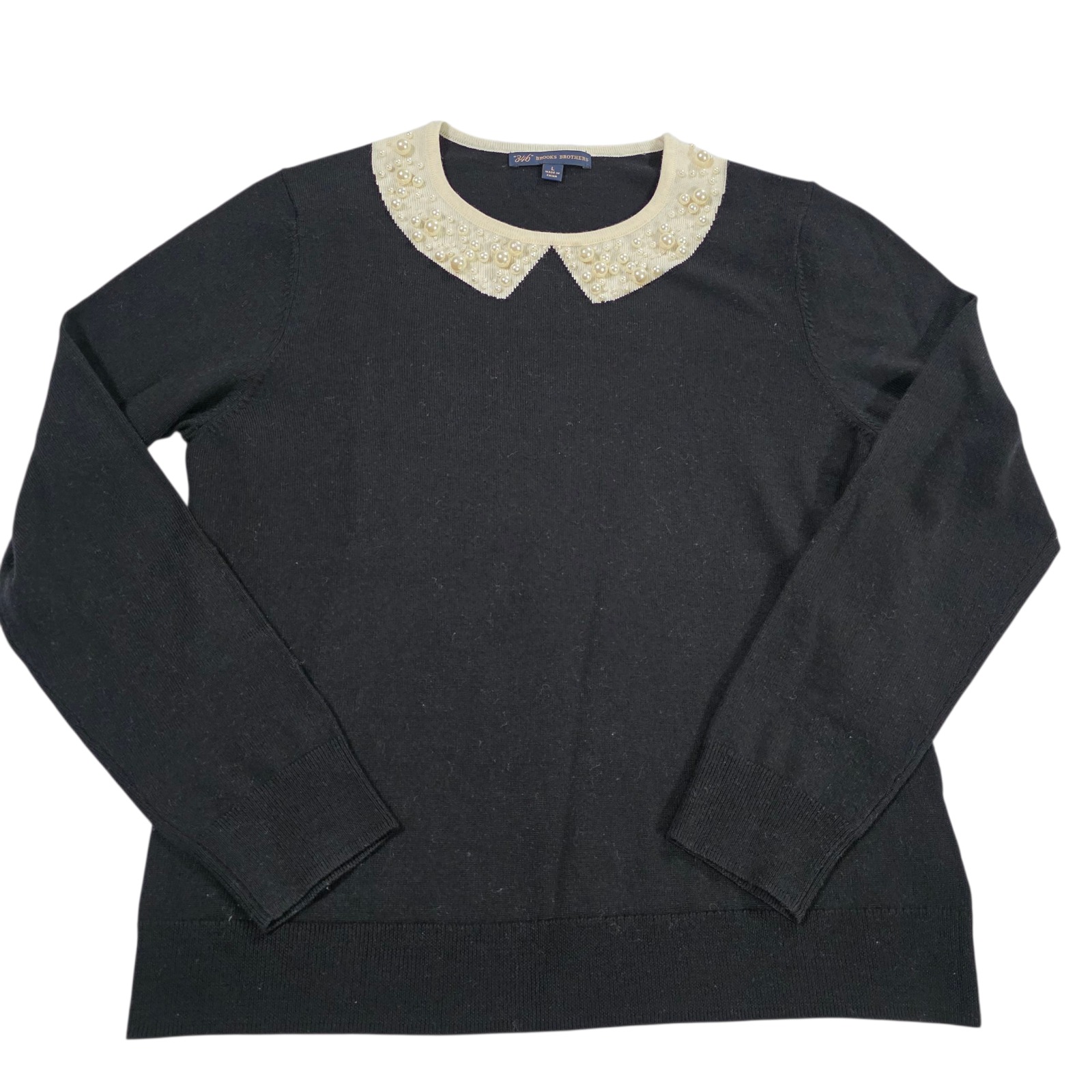 Brooks Brothers 346 Sweater Womens Black L Lace Beaded Collar 100% Merino Wool