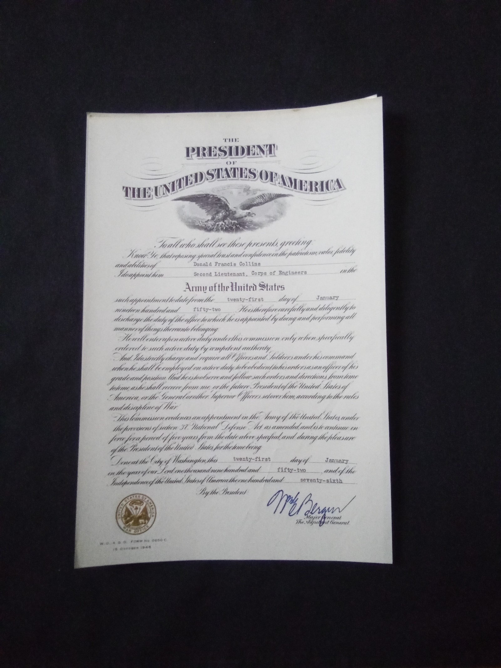 AUTHENTIC COLLECTIBLE MILITARY MEMORABILIA APPOINTMENT DOCUMENT 1952