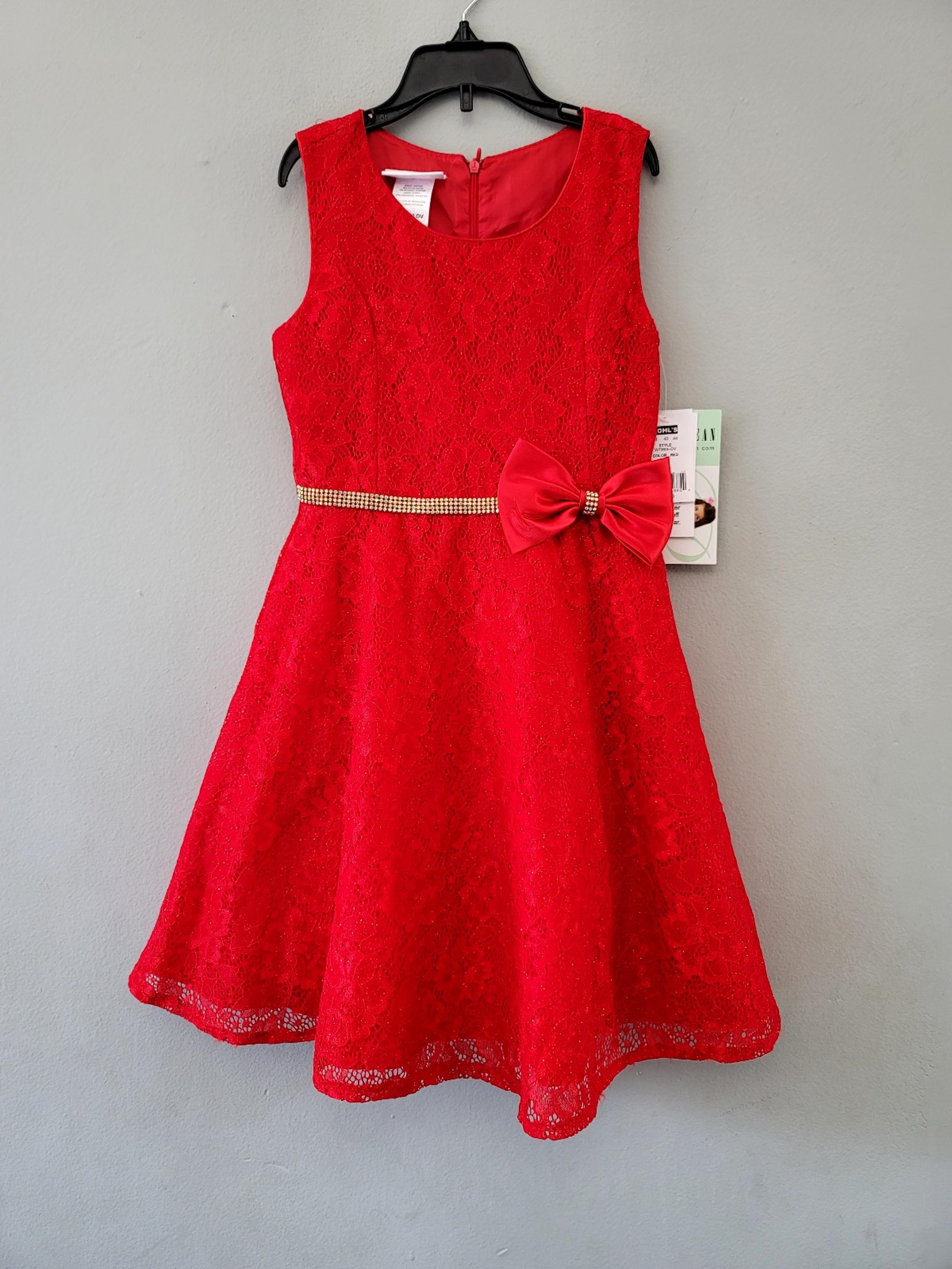 Bonnie Jean girls red lace with Glitter dress. Size 10Y. Gold rhinestone belt.