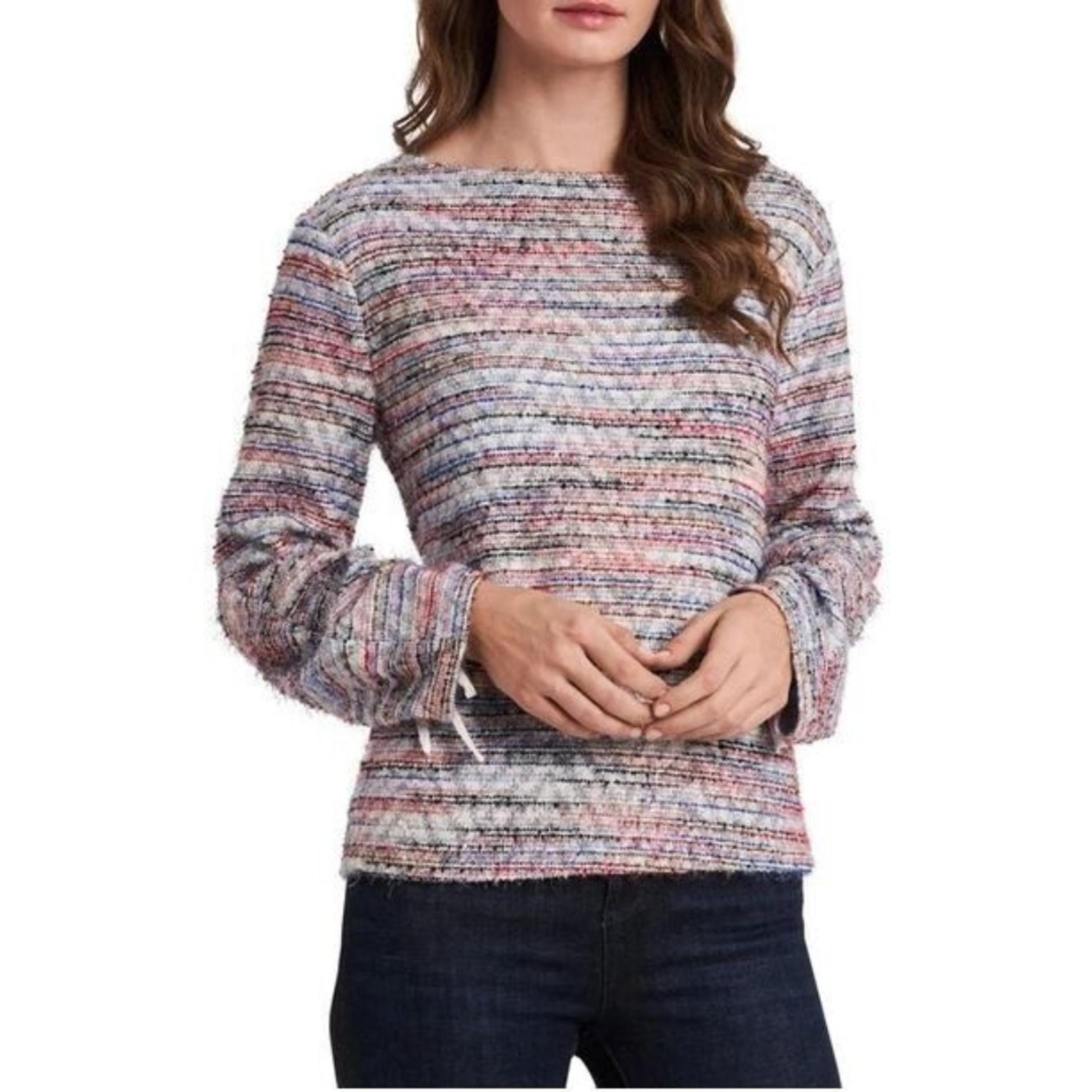 Vince Camuto NWT Womens Eyelash Knit Multicolor Tie Sleeve Metro Blue Top Size S