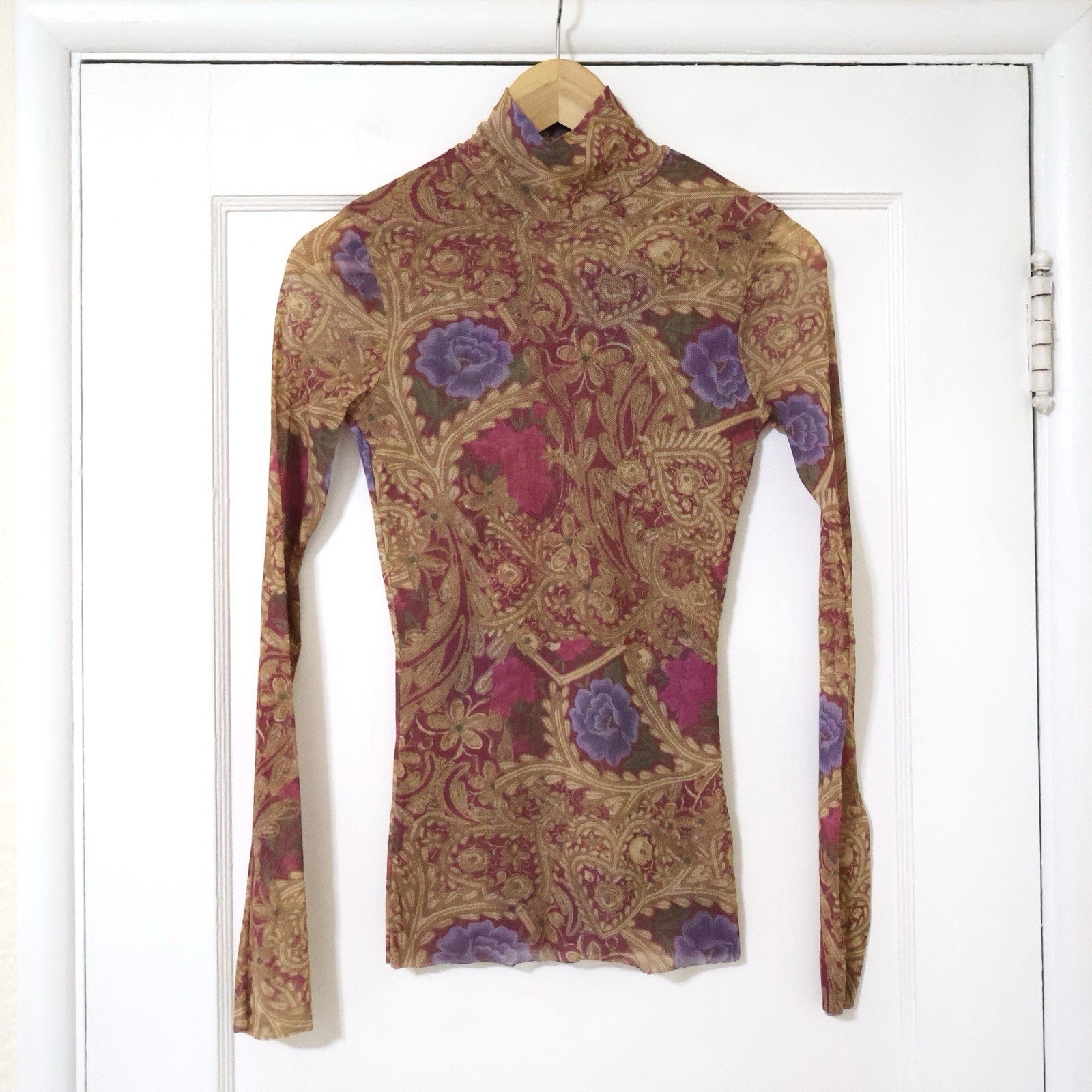 Vintage Sweet Pea Turtleneck Pink Paisley Mesh Long Sleeve S/M Boho 90s y2k