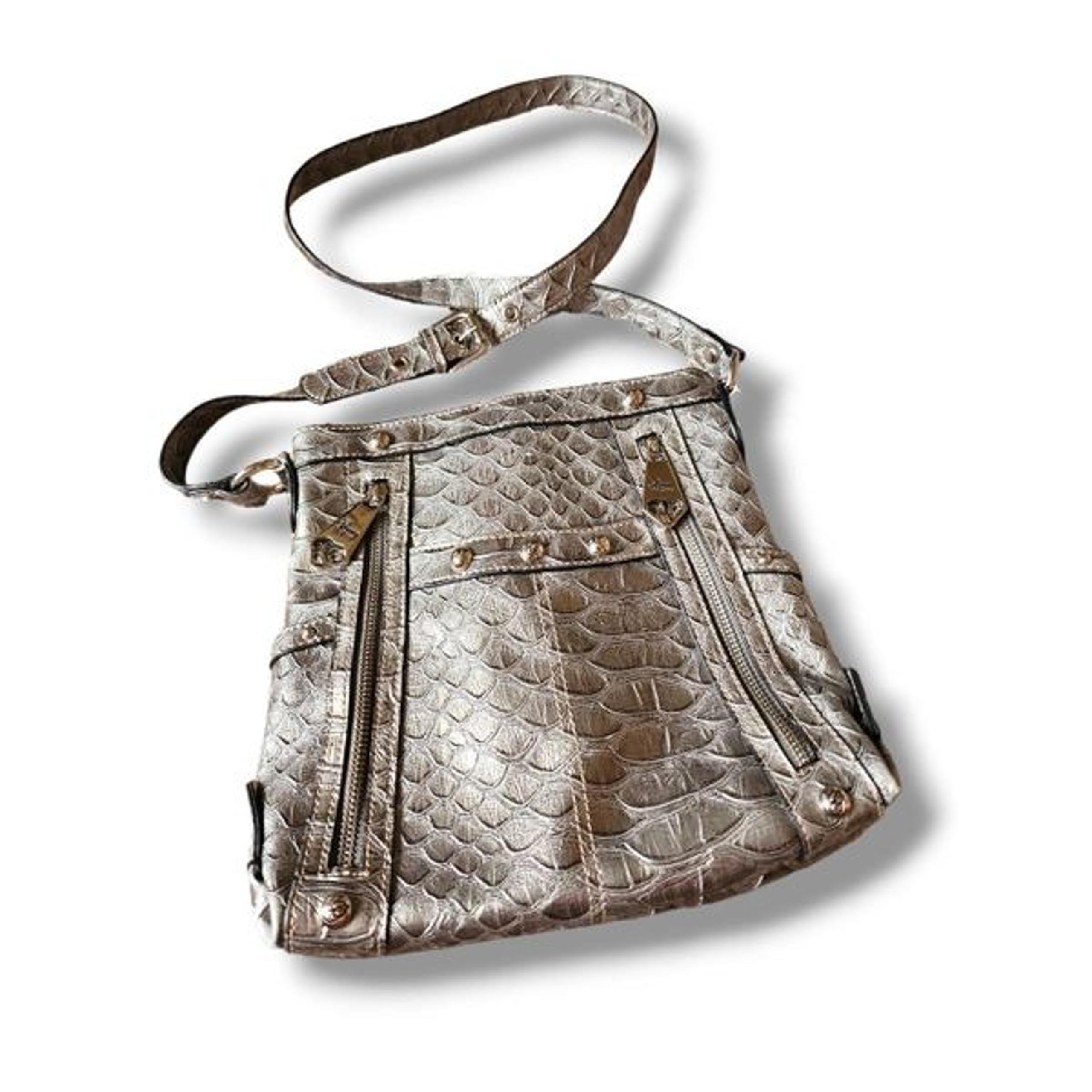 Genna De Rossi Silver Gator Leather Studded Medium Crossbody Bag Exotic Maximali