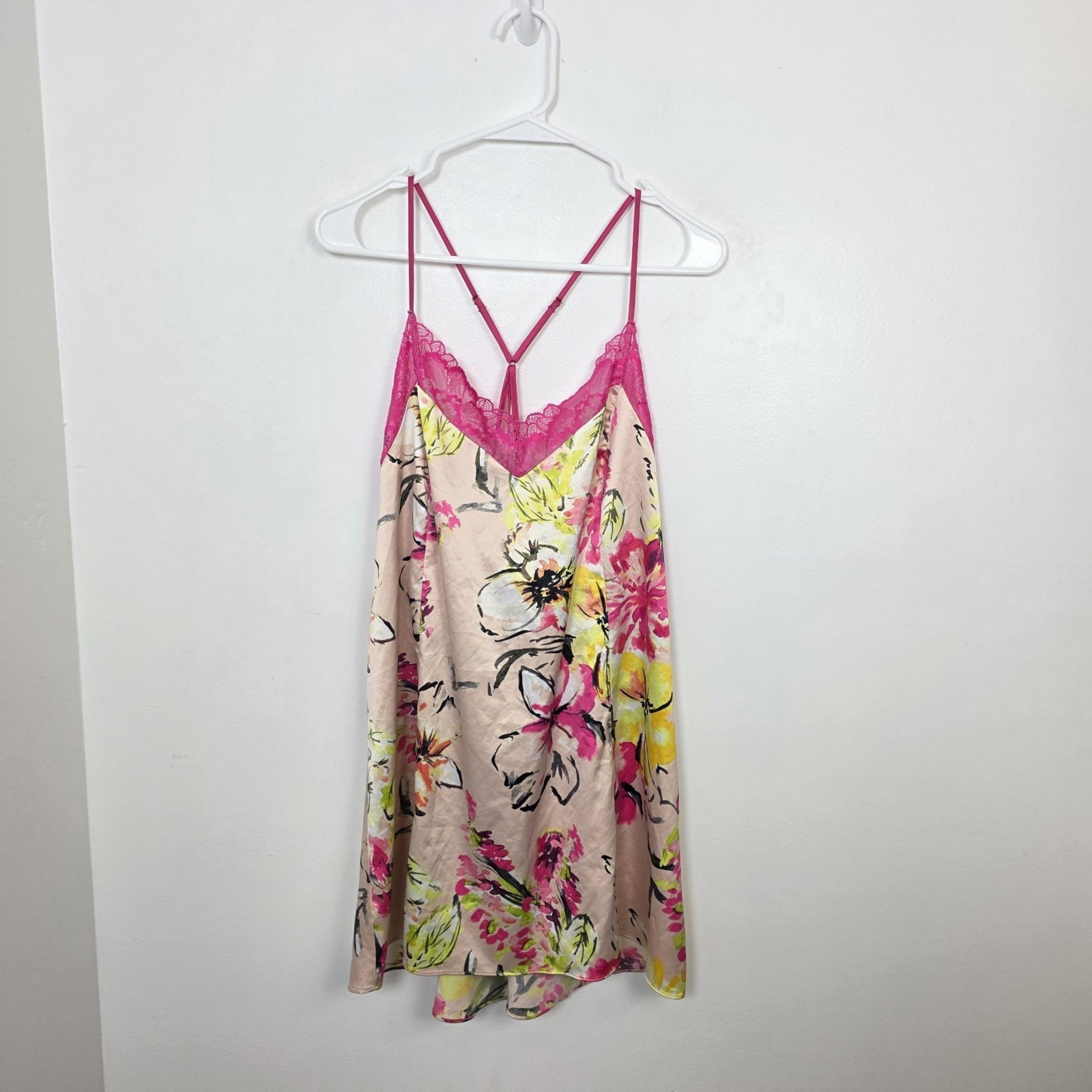 Cacique Pink Yellow Floral Coquette Satin Chemise Lace Trim Tank Top Size 14