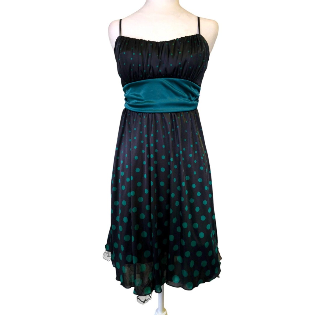 VTG Ruby Rox Y2K Mini Dress Babydoll Polka Dot Green Black Tank Tie Back Prom