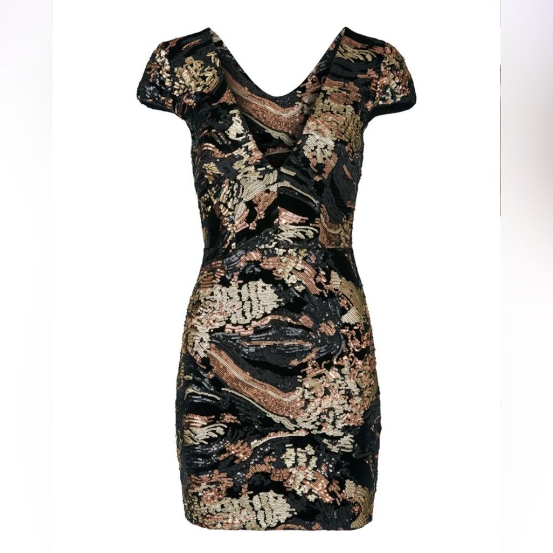 Dress the Population Abstract Zoe Sheath Black Bronze Sequin Bodycon Dress, XS