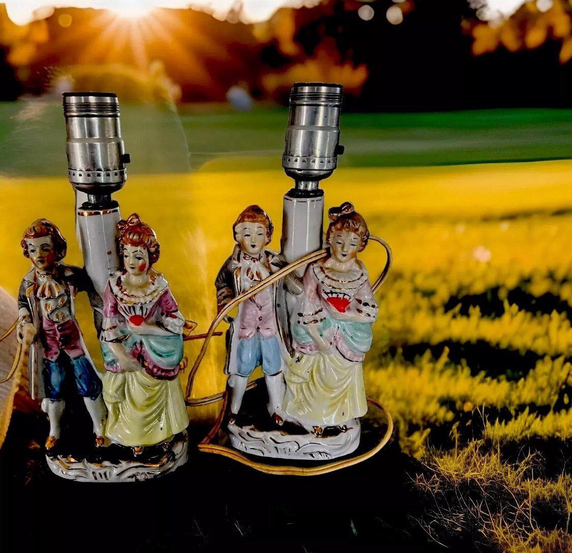 Two Vintage Victorian Couple Figurine Lamps Made in Japan 10.25 “ Tall