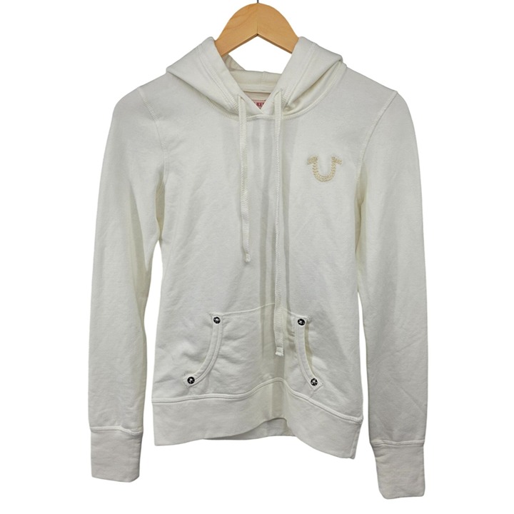 True Religion White Hoodie Sweatshirt Pockets Drawstring Hood Small New
