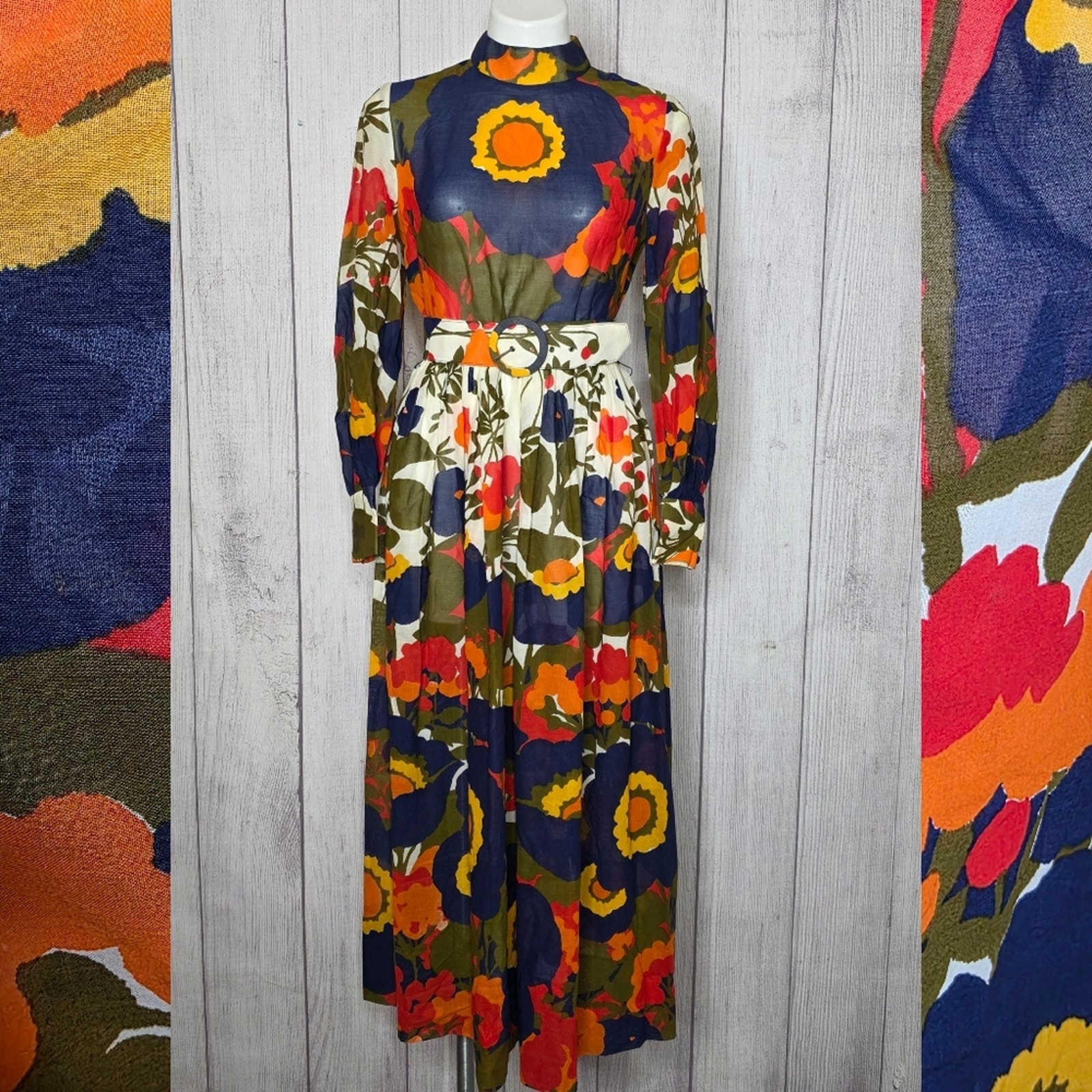 VTG 60s Leon Haskin Bold Floral Maxi Dress w/ Belt Mod Art Print, sz Small