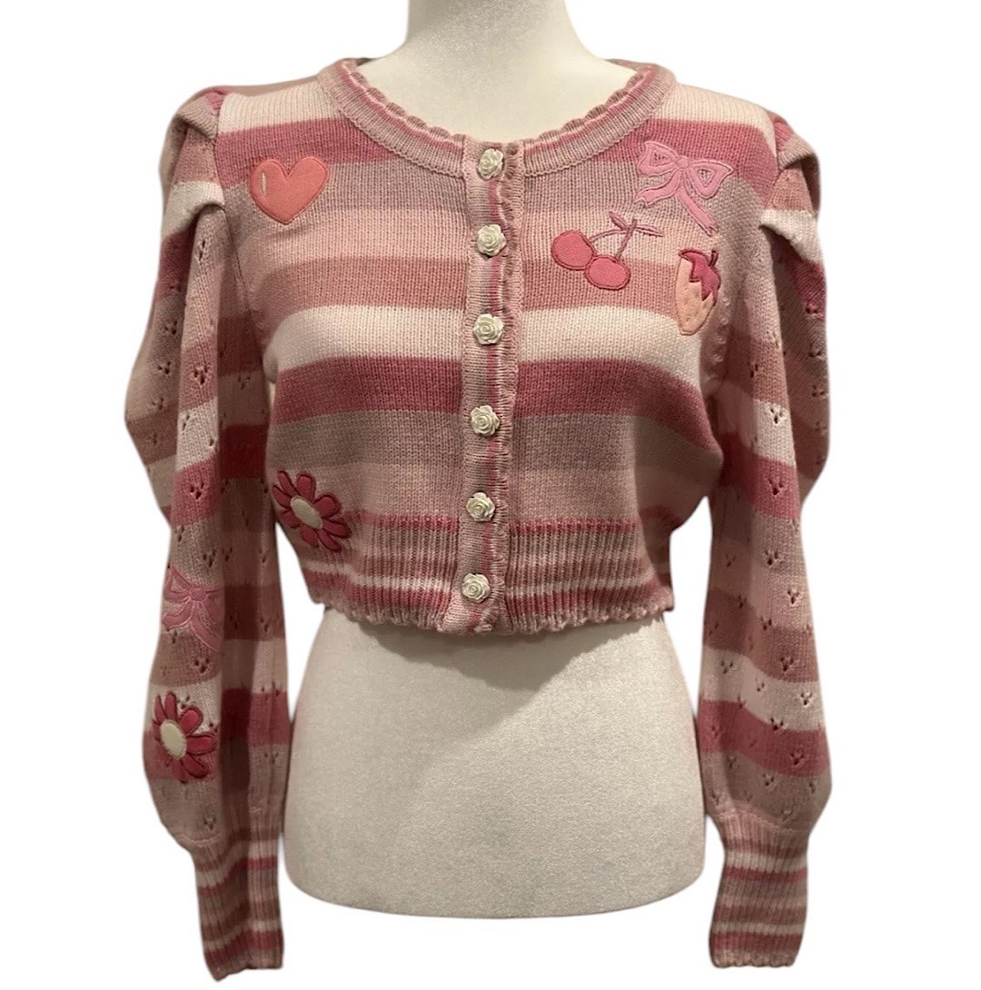 NWT Loveshackfancy vesper cropped cardigan rose water swirl cherry strawberry S