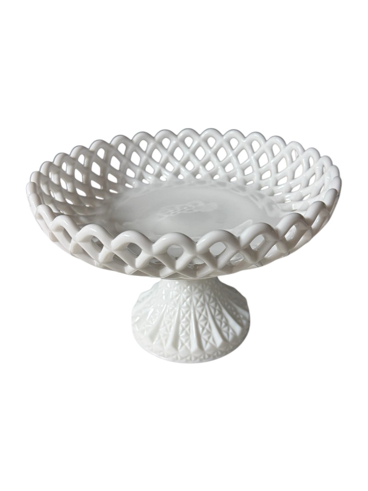 Vintage Milk Glass Pedestal Bowl – Lace Edge – Cut Glass Base – Fenton Style