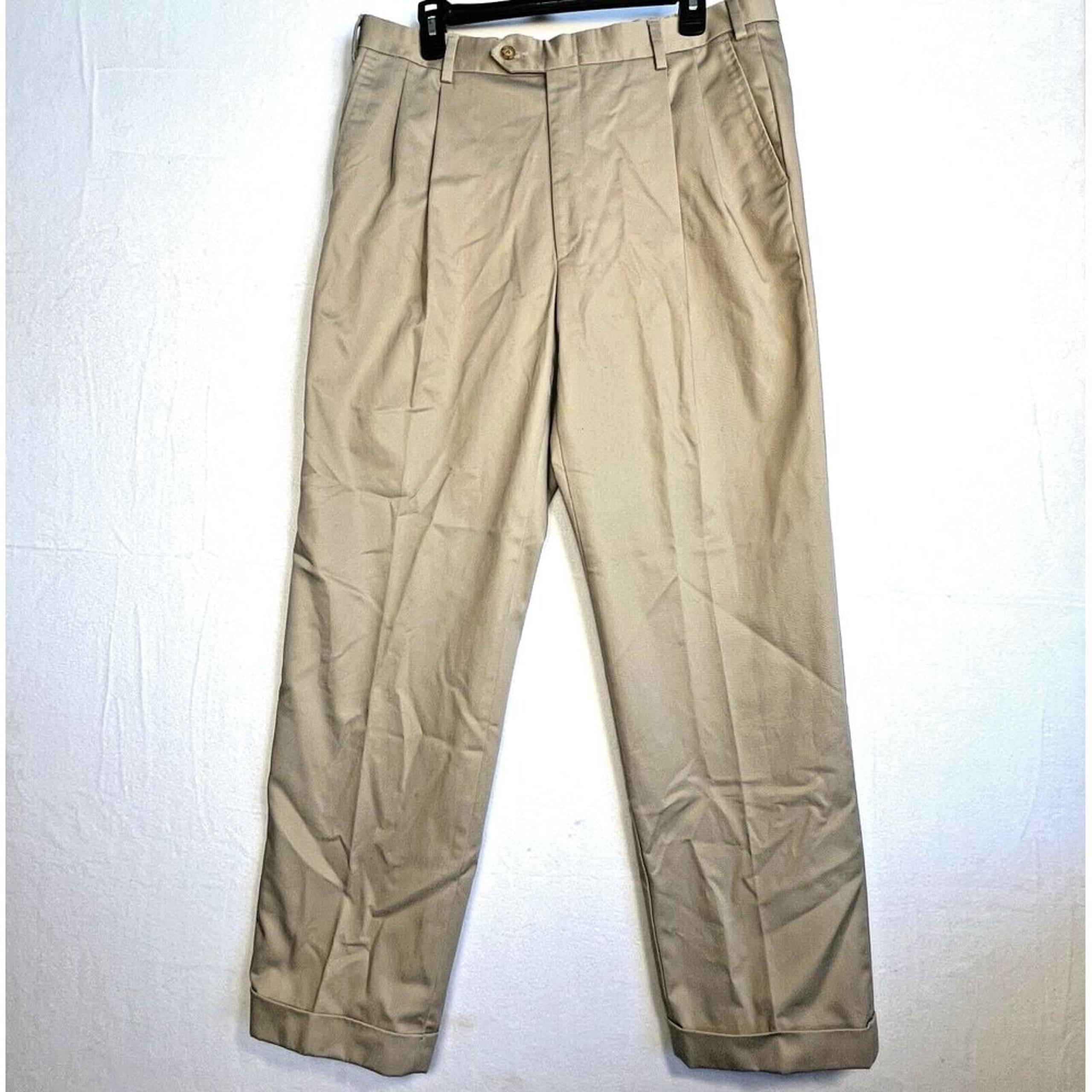 BERLE Mens 36 R Dress Khaki Pants Pleated Cotton Tan Slacks Embroidered Elephant