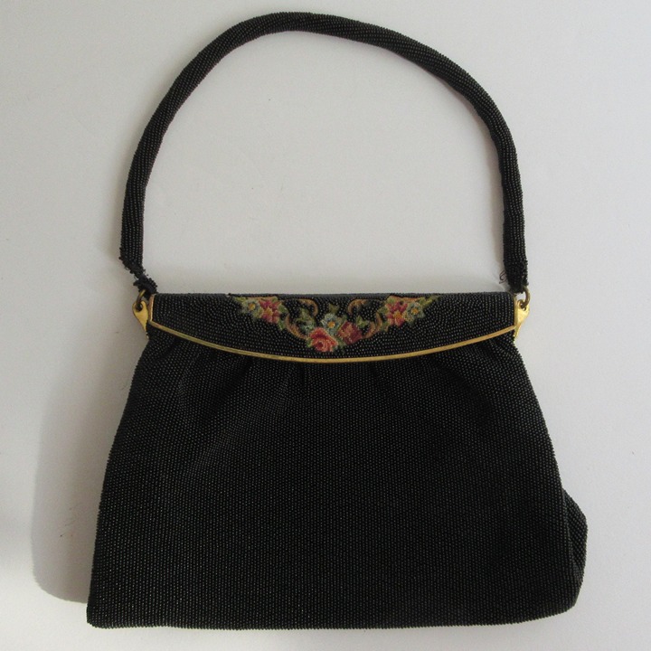 LANGLOIS & JARGEAIS France Black Micro Beaded Purse Bag with Tapestry Brass READ