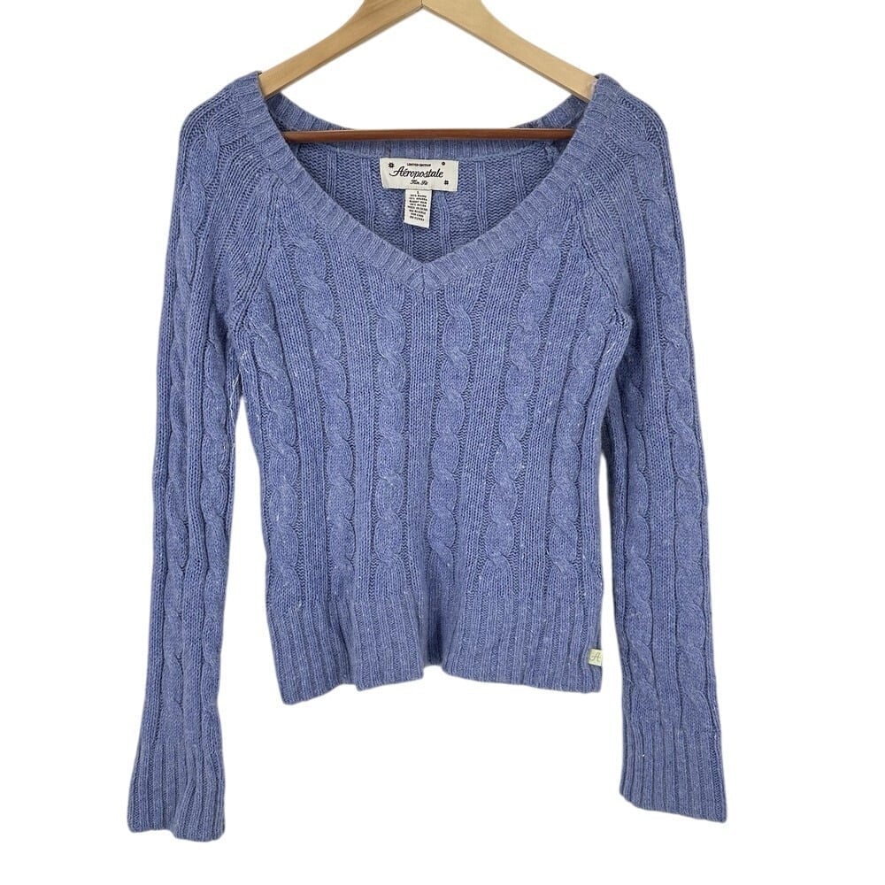 VTG Womens L Y2K Aeropostale Ramie Rabbit Hair Blend Sweater Cableknit Purple