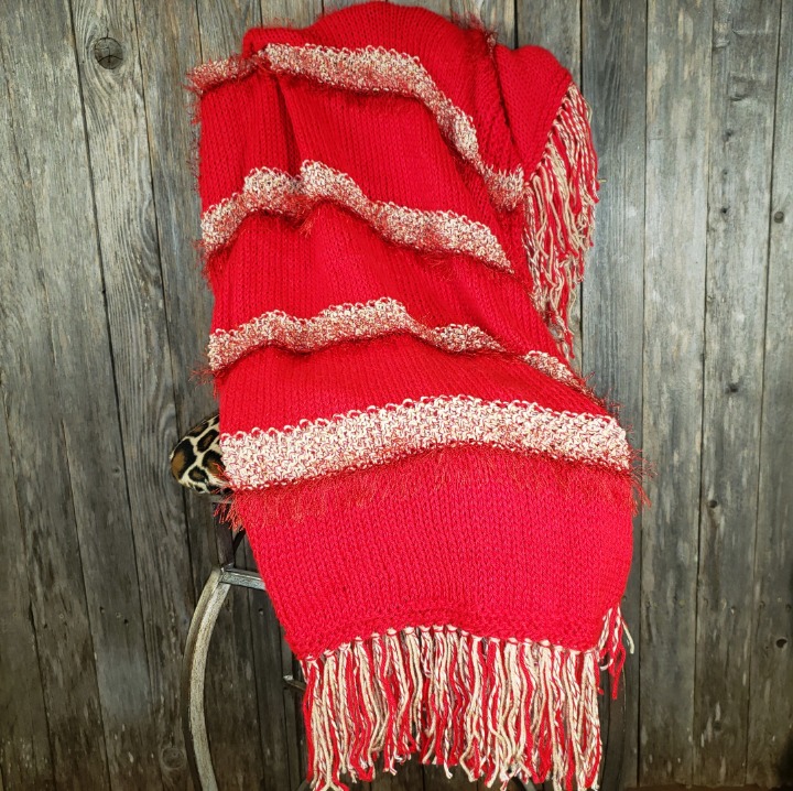Red Beige Hand Knitted Afghan NEW