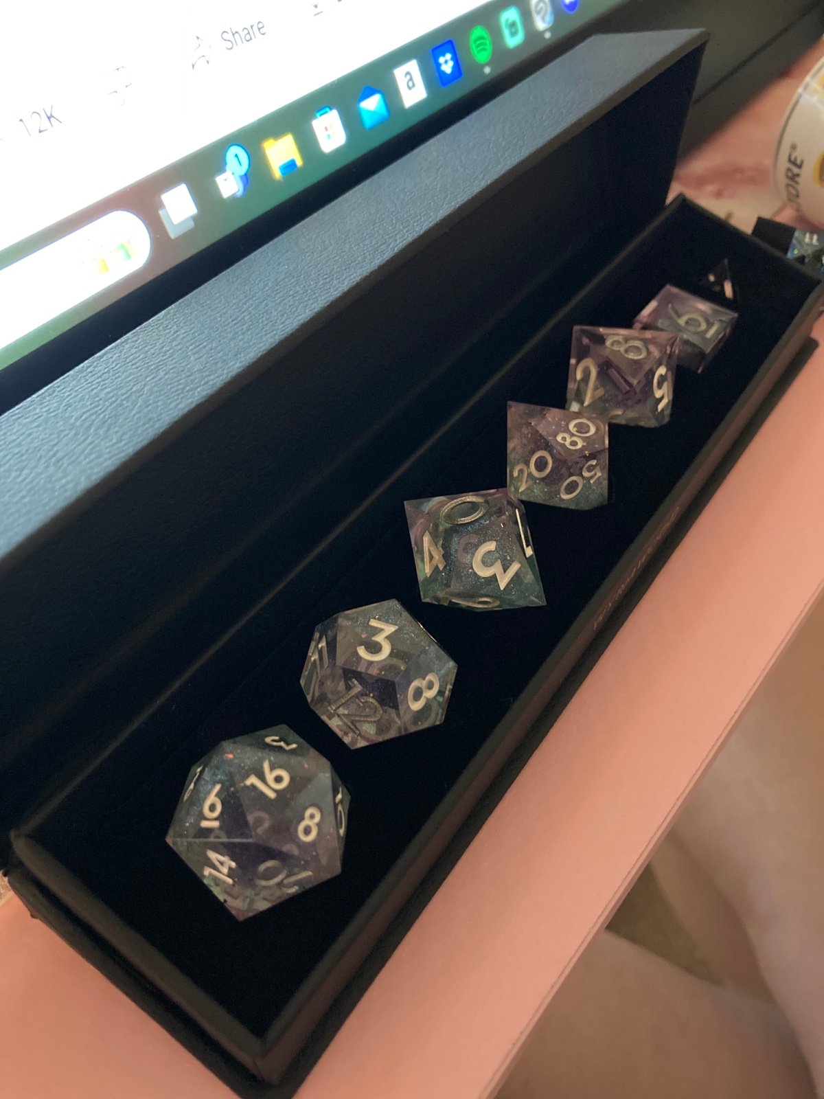 Wyrmwood dice set blue and purple sparkles