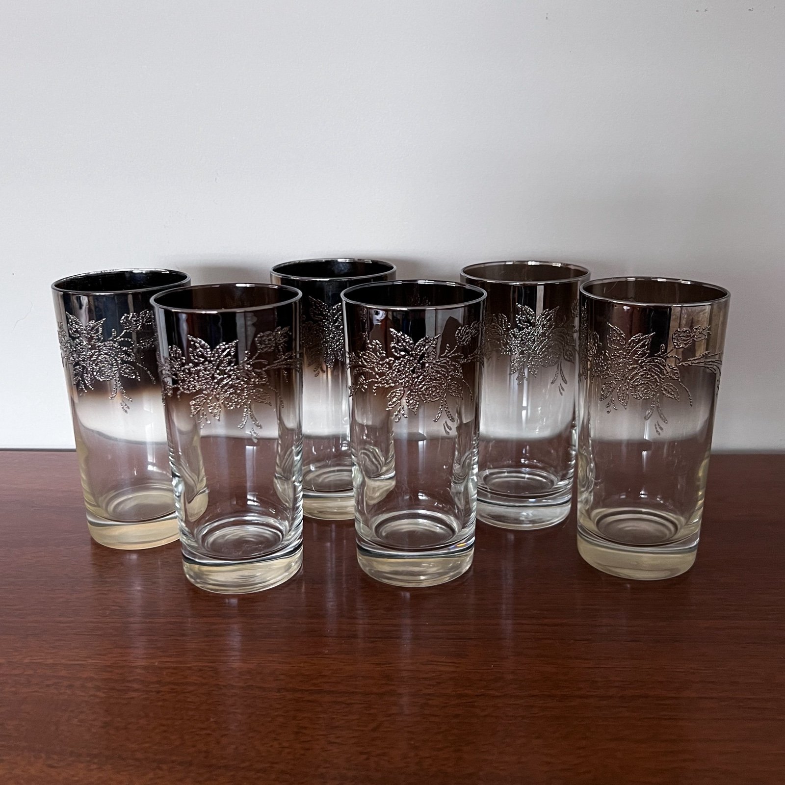 Vintage Vitreon Queens Lustreware Silver Ombre Glass Set of 6