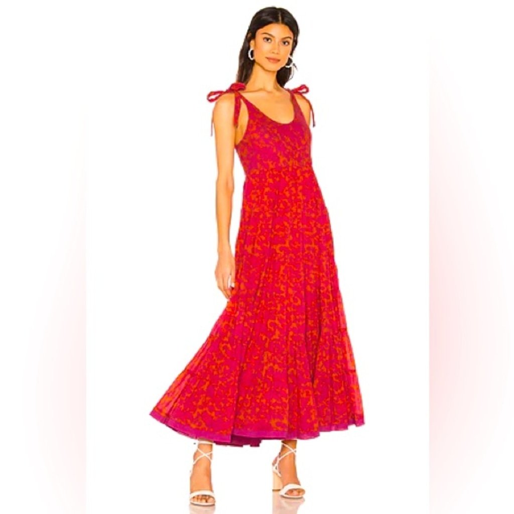 FREE PEOPLE Kikas Printed Midi Dress in Tangerine. Size Large