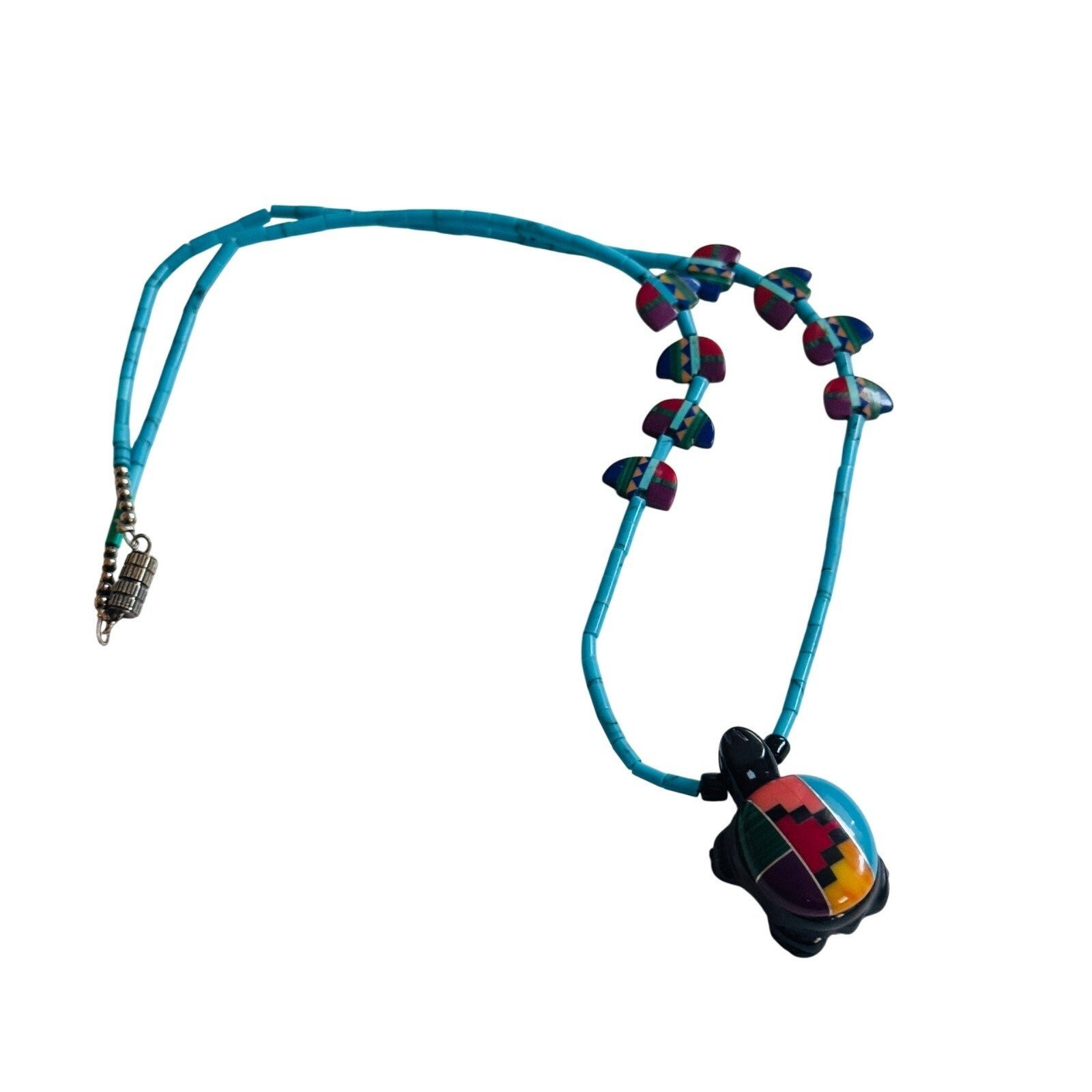 Vtg Fetish Bear Turtle Coral Turquoise inlay Necklace Native American Silver 925