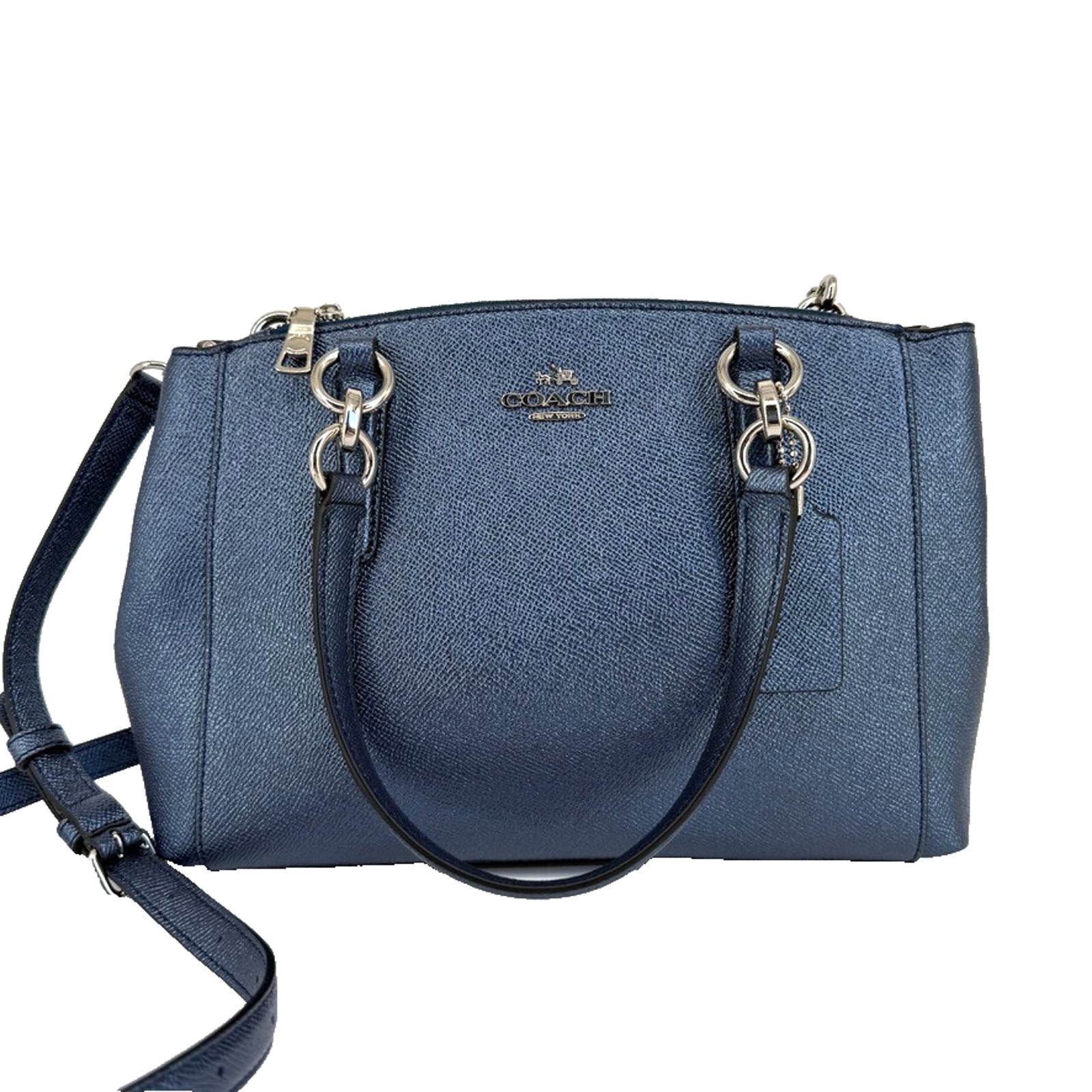 Coach Christie Carryall Bag Metallic Blue Leather Satchel Tote Crossbody Purse