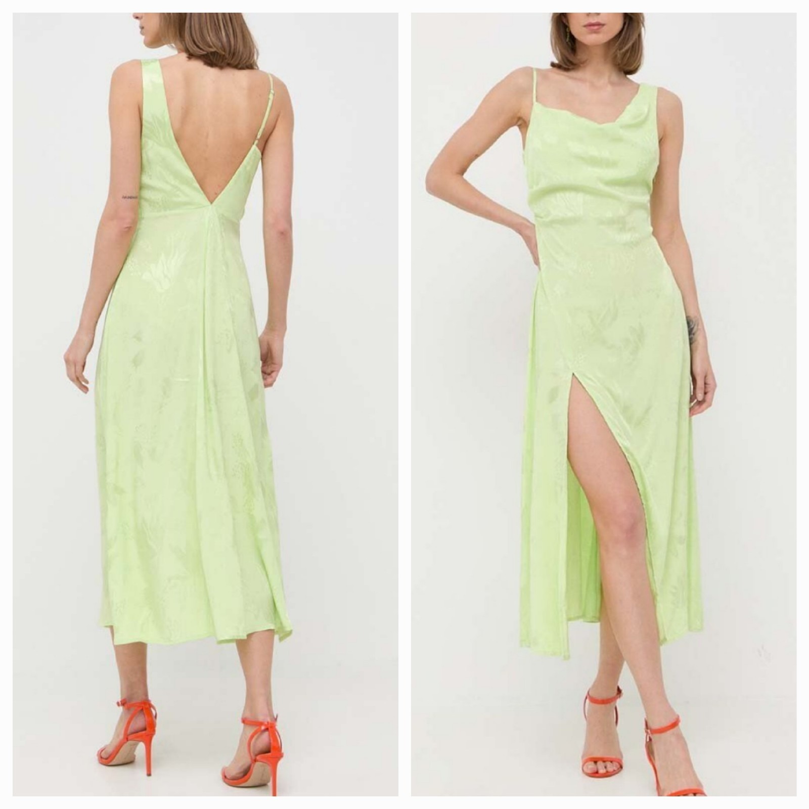 For Love & Lemons Ilana Asymmetrical Neck High Side Slit Satin Midi Slit Dress M