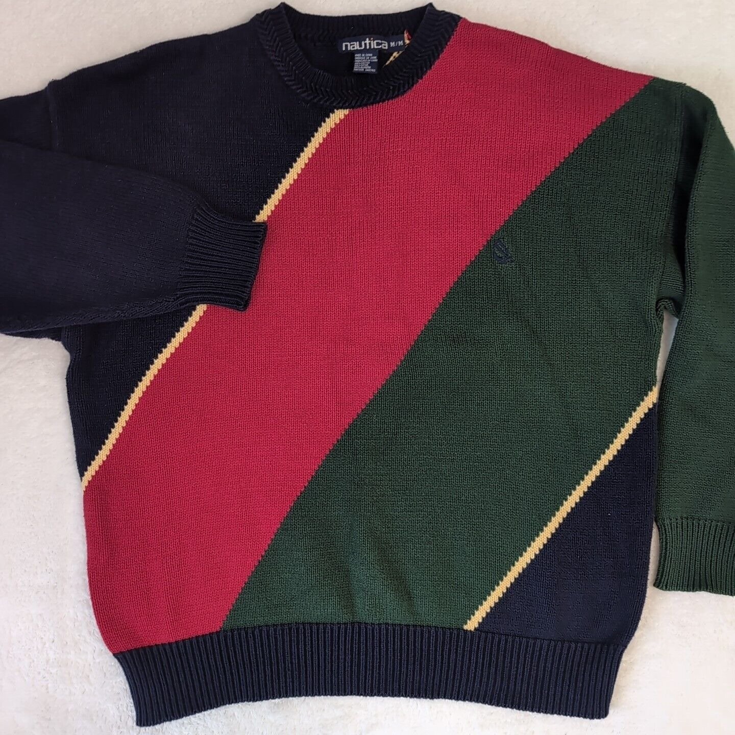 Vintage 90s Nautica Mens M Rainbow Color Block Cotton Knit Dad Sweater EUC