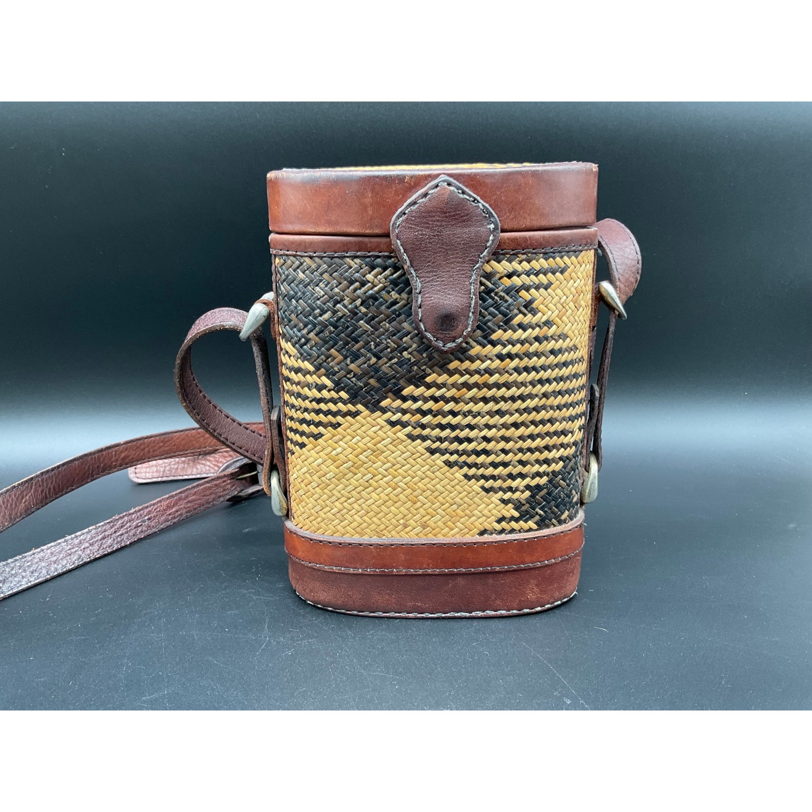 Vintage Woven Crossbody Bag Leather Unique Cylinder Purse Bohemian Chic Small