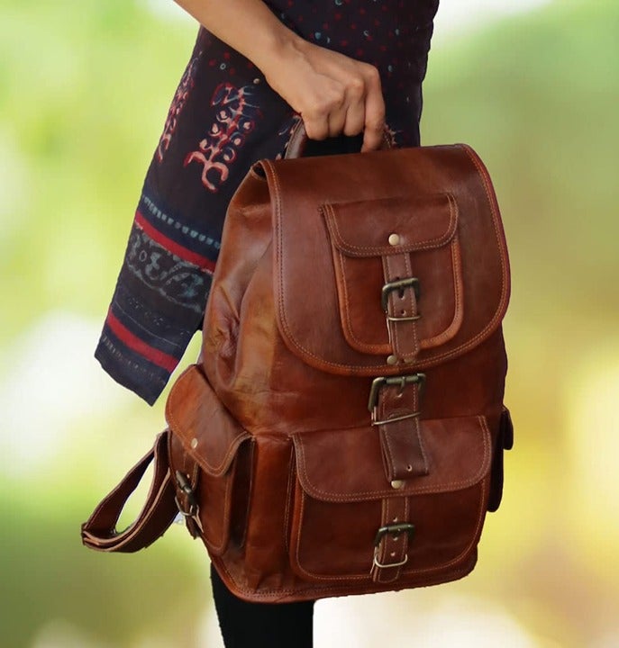 A leather vintage canvas double backpack