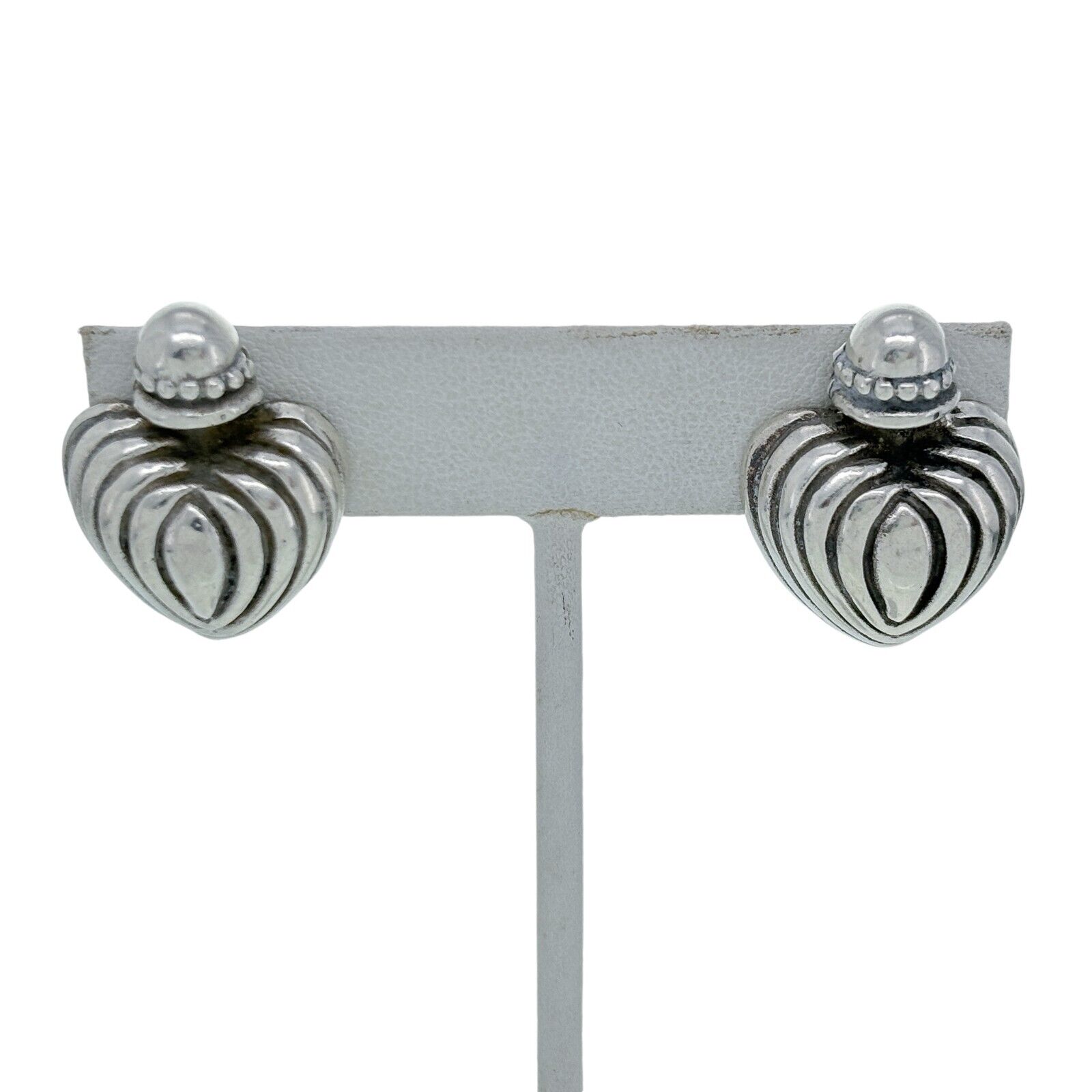 Vintage Sterling Silver 925 Chunky Ribbed Heart Clip-on Earrings
