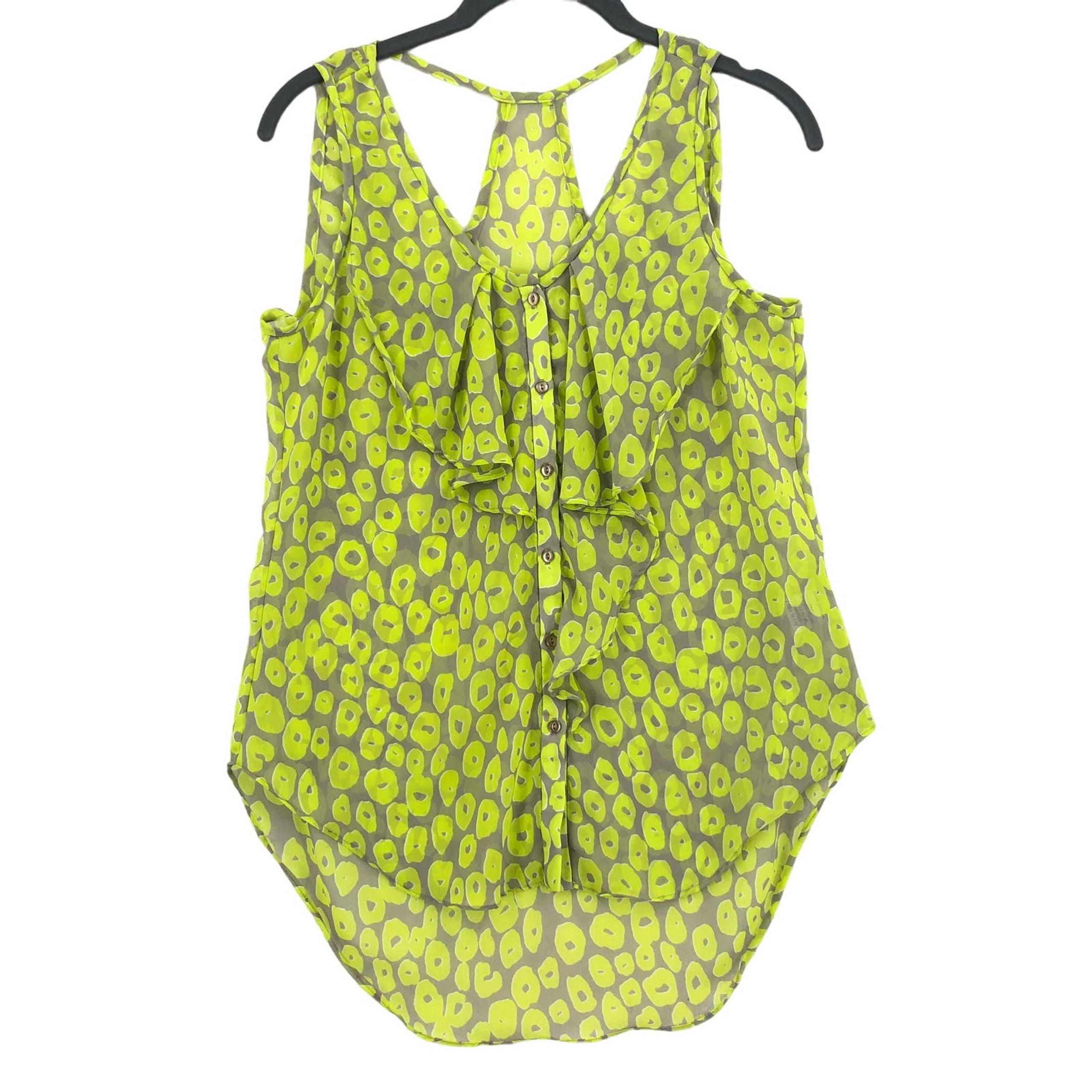 Yoana Baraschi Blouse Top Womens XS S Green Ruffle Sleeveless Button Up Hi Low