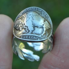 Authentic Buffalo Indian Nickel signet ring adjustable sterling silver feather