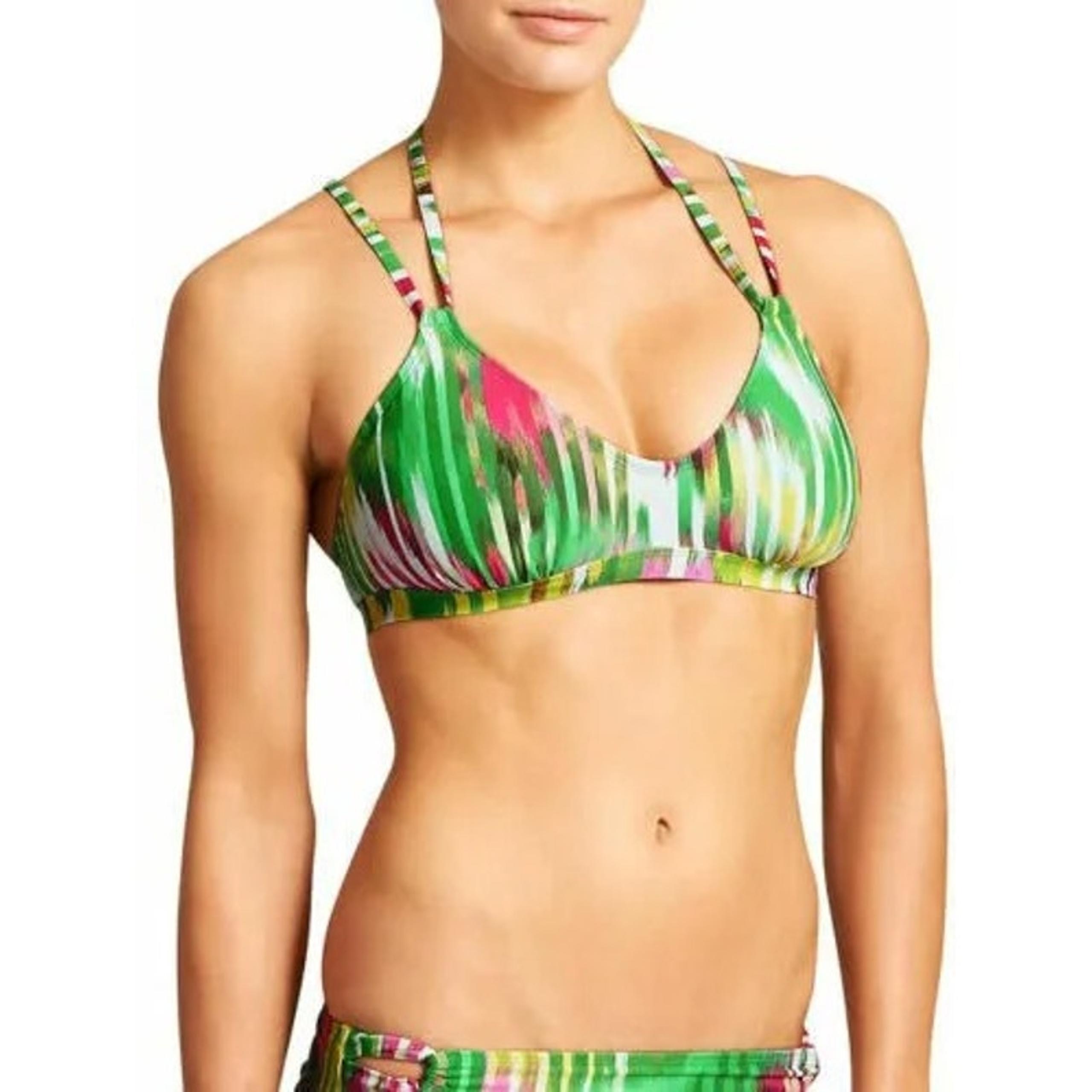 Athleta Wailea Scoop Crisscross Green Pink Striped Bikini Size L/XL