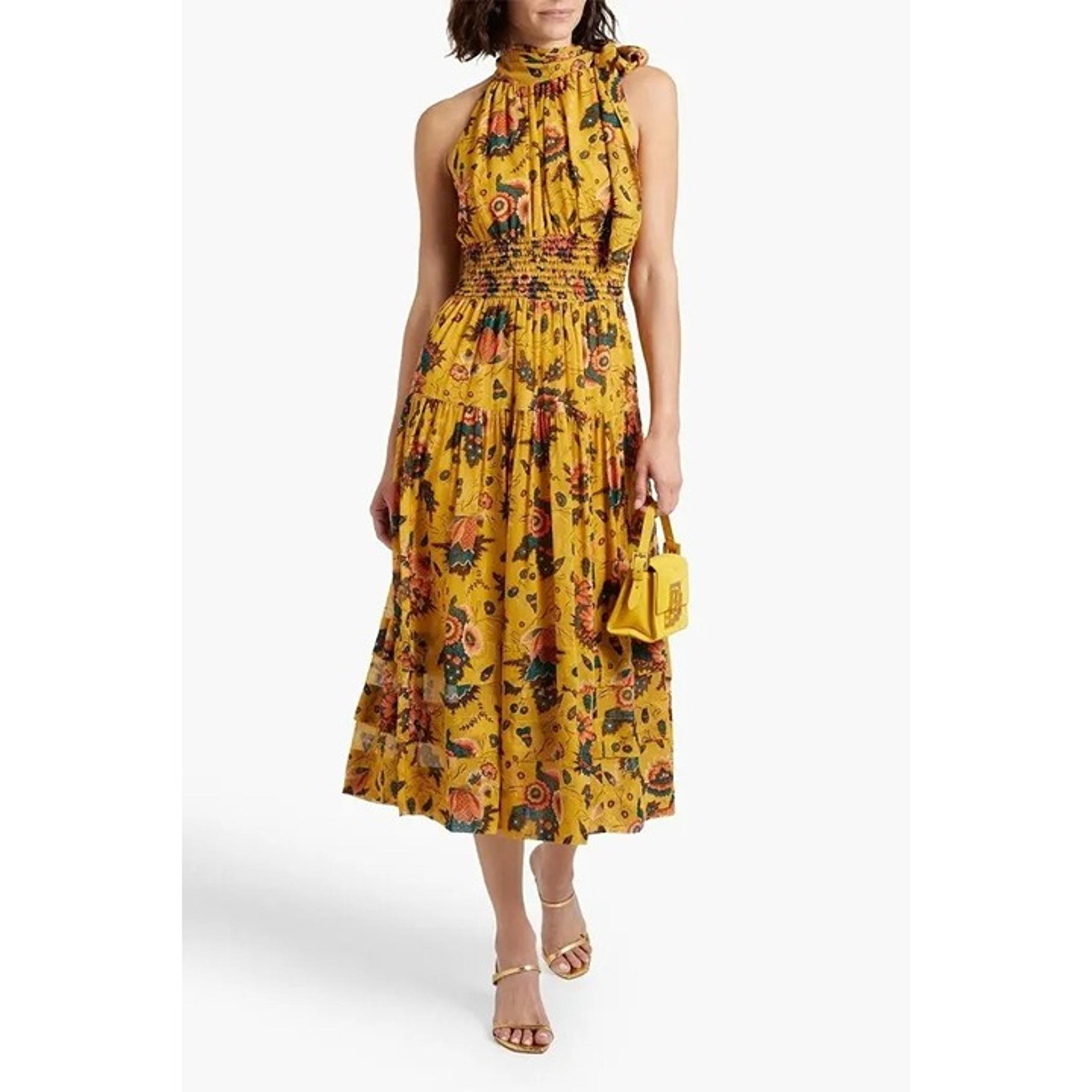 Ulla Johnson Maya Shirred Floral Silk Chiffon Midi Dress Womens Sz 8 Boho Party