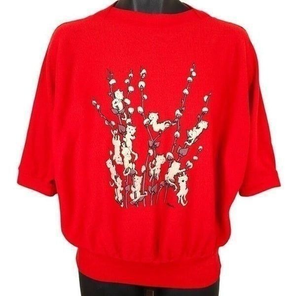 Vintage Pu**y Willows Cat Sweater Womens Size Medium Red 80s 3/4 Sleeve Pun