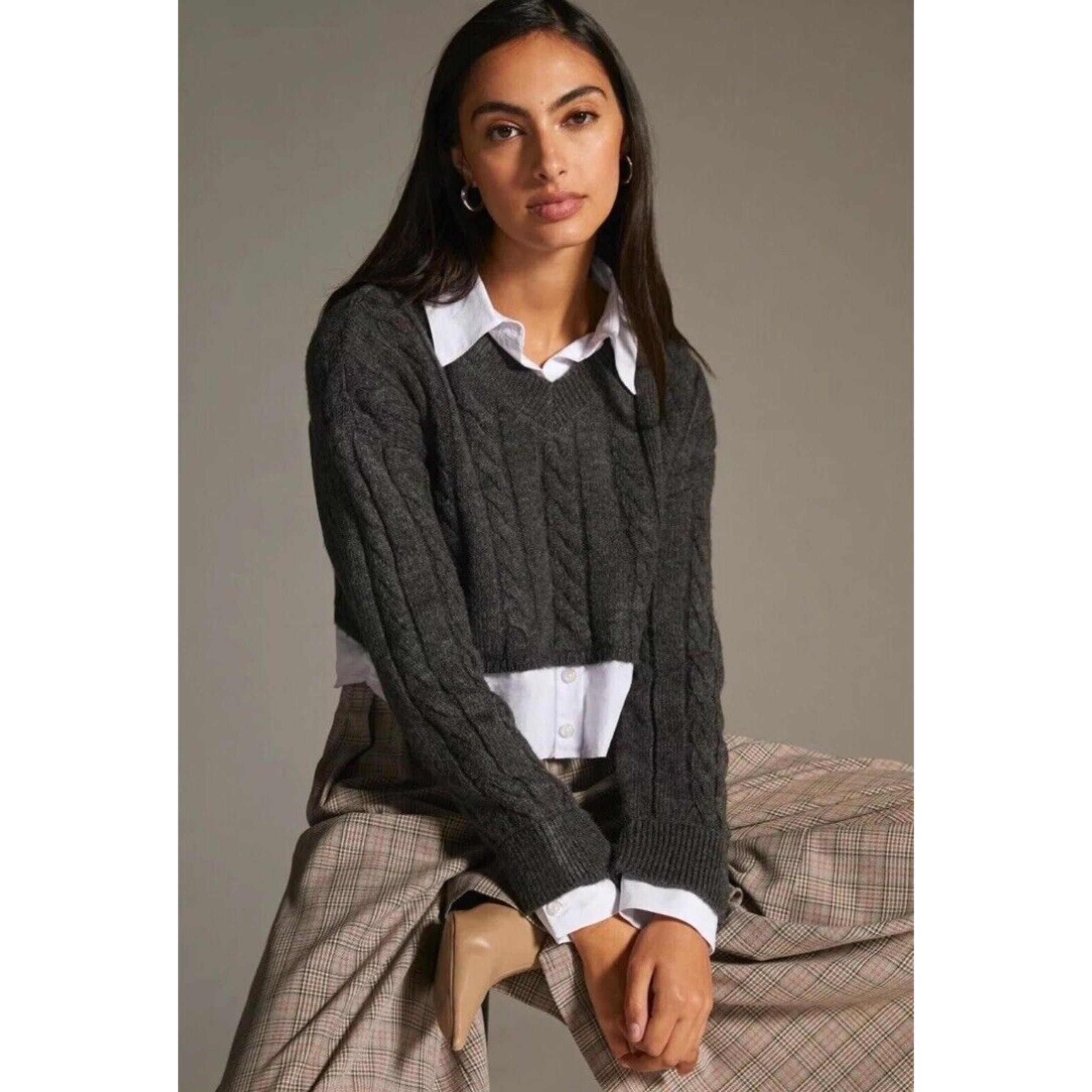 Anthropologie Pilcro Women’s Size M Cropped Cable-Knit Twofer Sweater Gray White