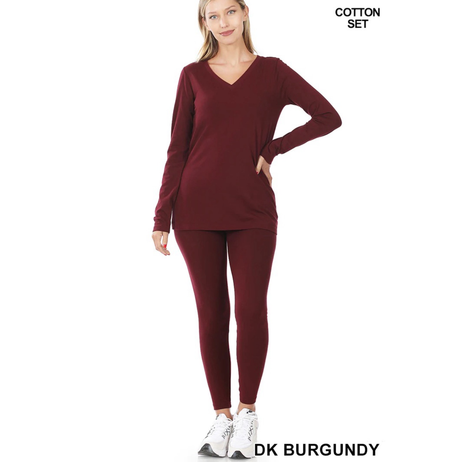 Zenana Womens Cotton V-Neck Top and Leggings Set-Dk Burgundy (X-Large)