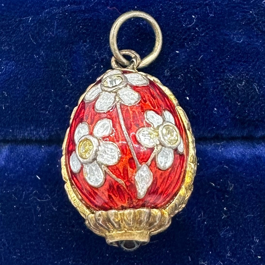 Vintage gilt sterling silver red floral garnet enamel rhinestones egg pendant