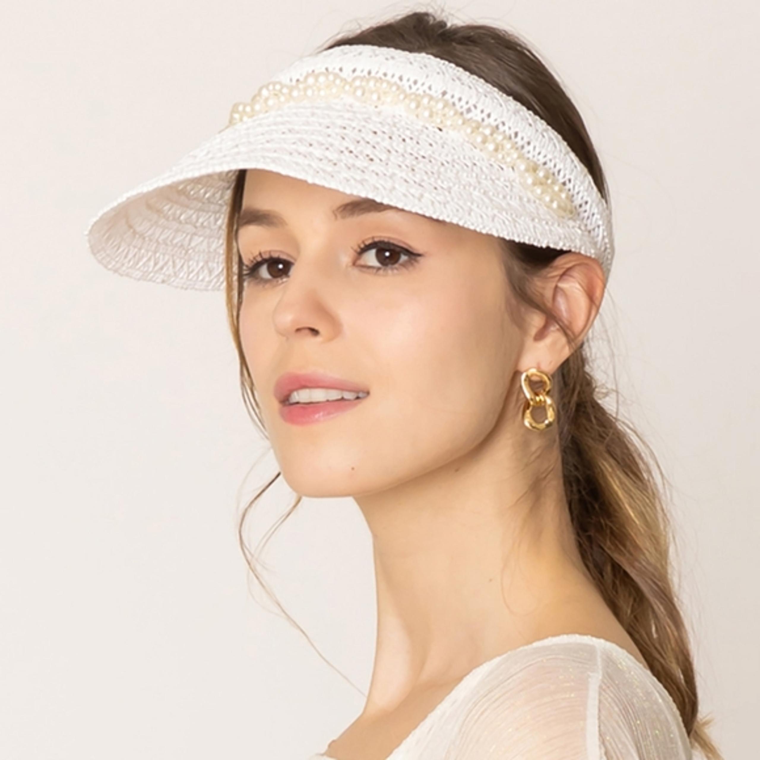 Twisted White Pearl Brim Straw Visor Womens Sun Hat Cap Cute Statement Accessory