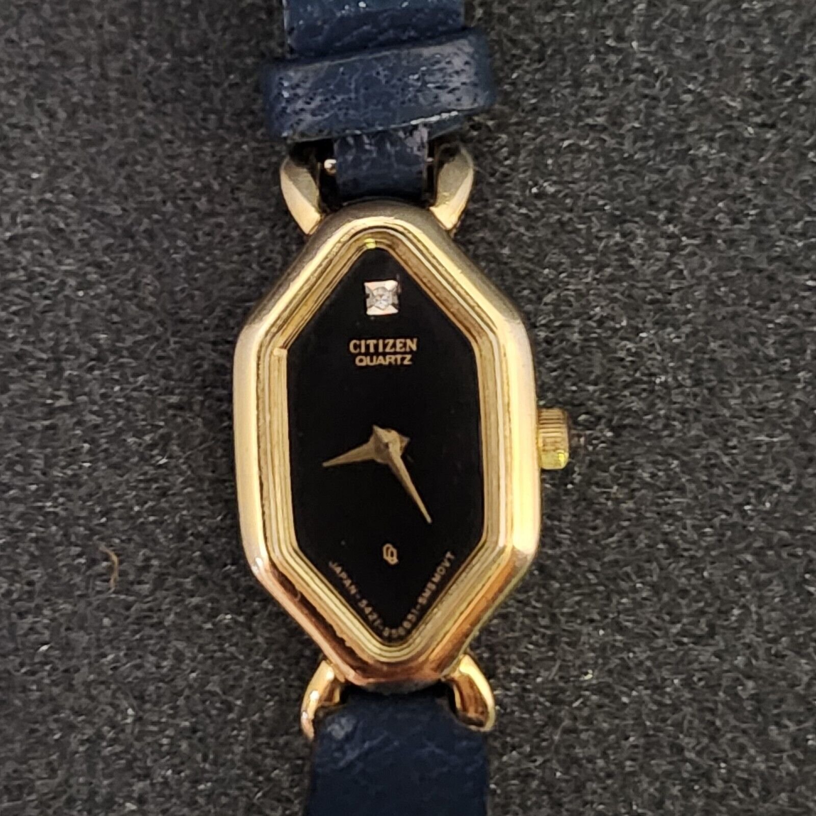 Citizens Gold Tone Black Face Women's Watch W/rare Navy Blue Band Vintage