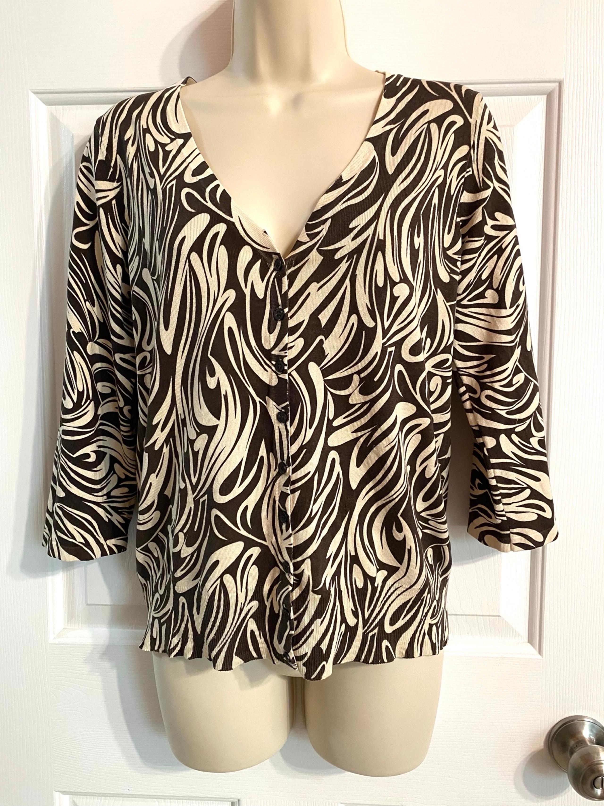 Josephine Chaus Silk Blend Tan/Brown Patterned Cardigan Sweater