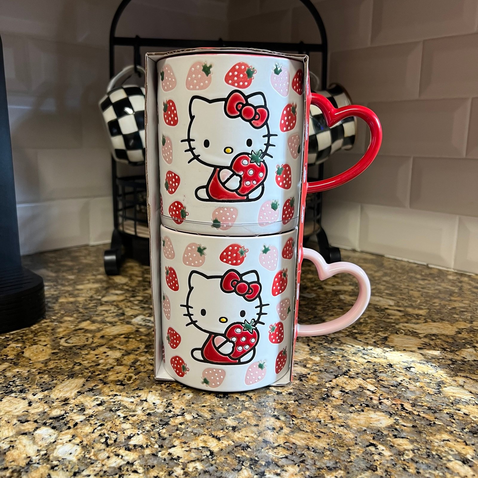 Set of 2 HELLO KITTY MUGS PINK & RED Strawberry EXTRA LARGE CUPS Heart Handles