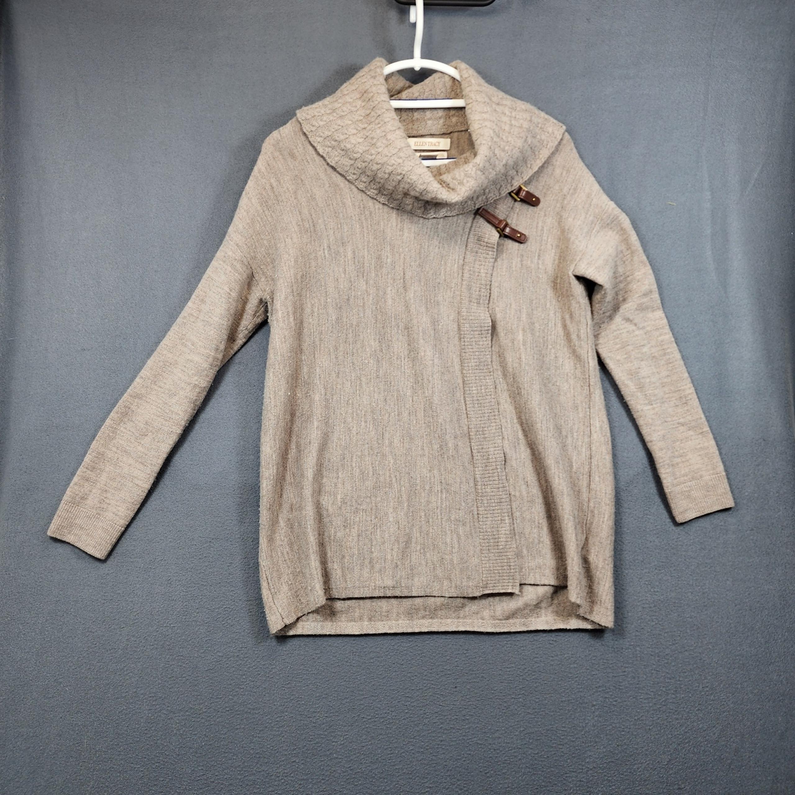 Ellen Tracy Womens Sweater Small Tan Extra Fine Merino Wool Cowl Neck Lagenlook