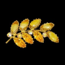Vintage 80s Leaf Amber Honey Rhinestone Gold Tone Brooch Pin W. Germany